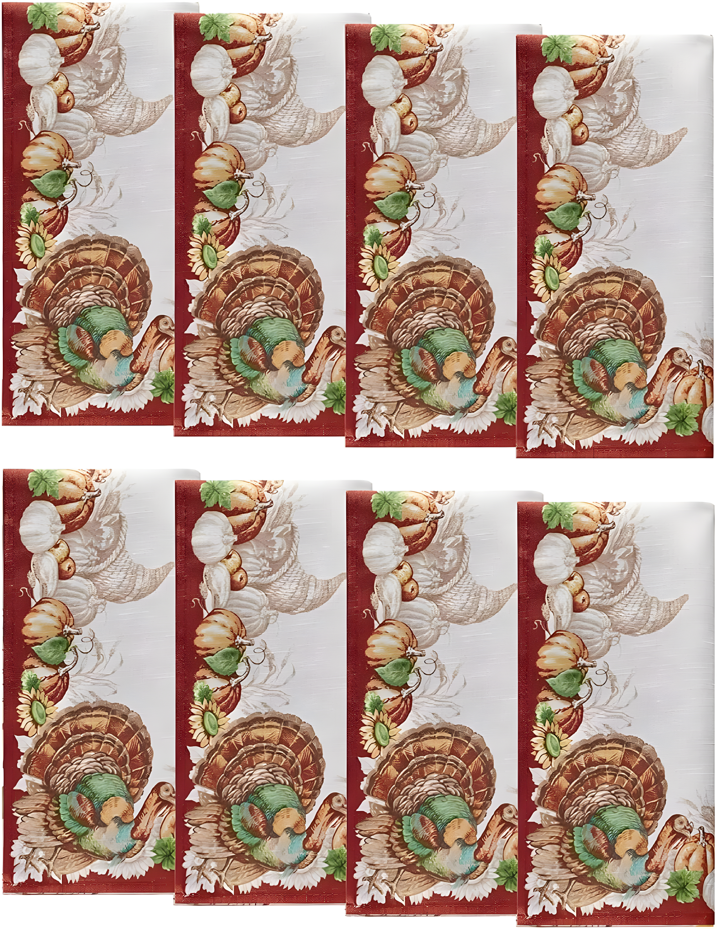 Holiday Turkey Bordered Fall Napkins, Set of 8 - 17" x 17" - White/Red - Elrene Home Fashions