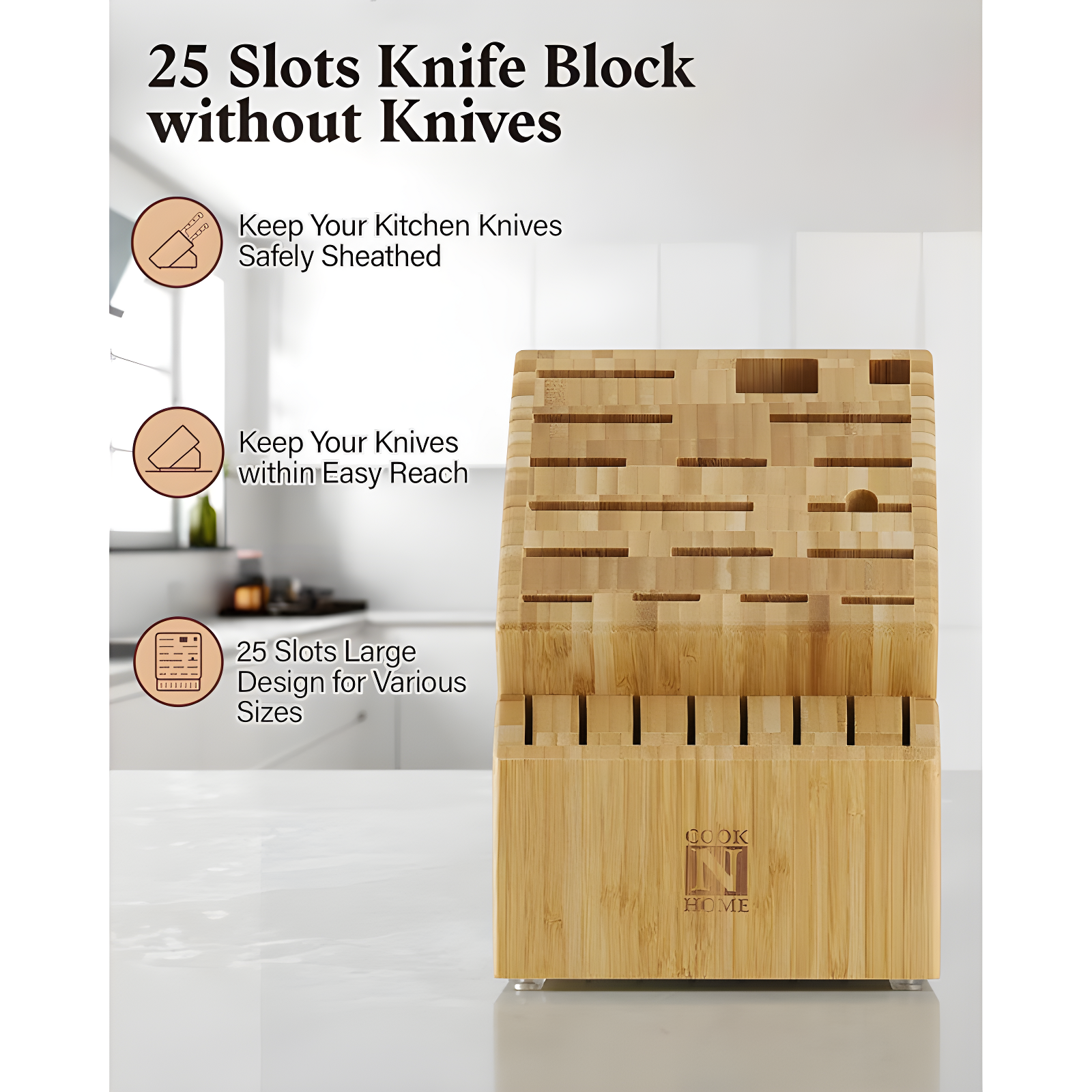 Cook N Home Cook N Home Bamboo Knife Storage Block Without Knives, 25 Slots Universal Knife Holder Countertop Butcher Block Knife Stand For Easy Kitchen Storage