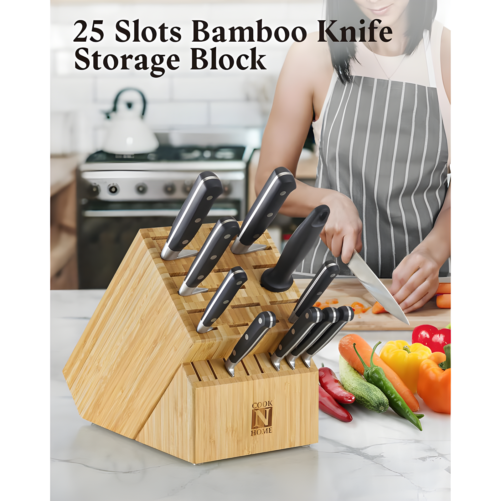 Cook N Home Cook N Home Bamboo Knife Storage Block Without Knives, 25 Slots Universal Knife Holder Countertop Butcher Block Knife Stand For Easy Kitchen Storage