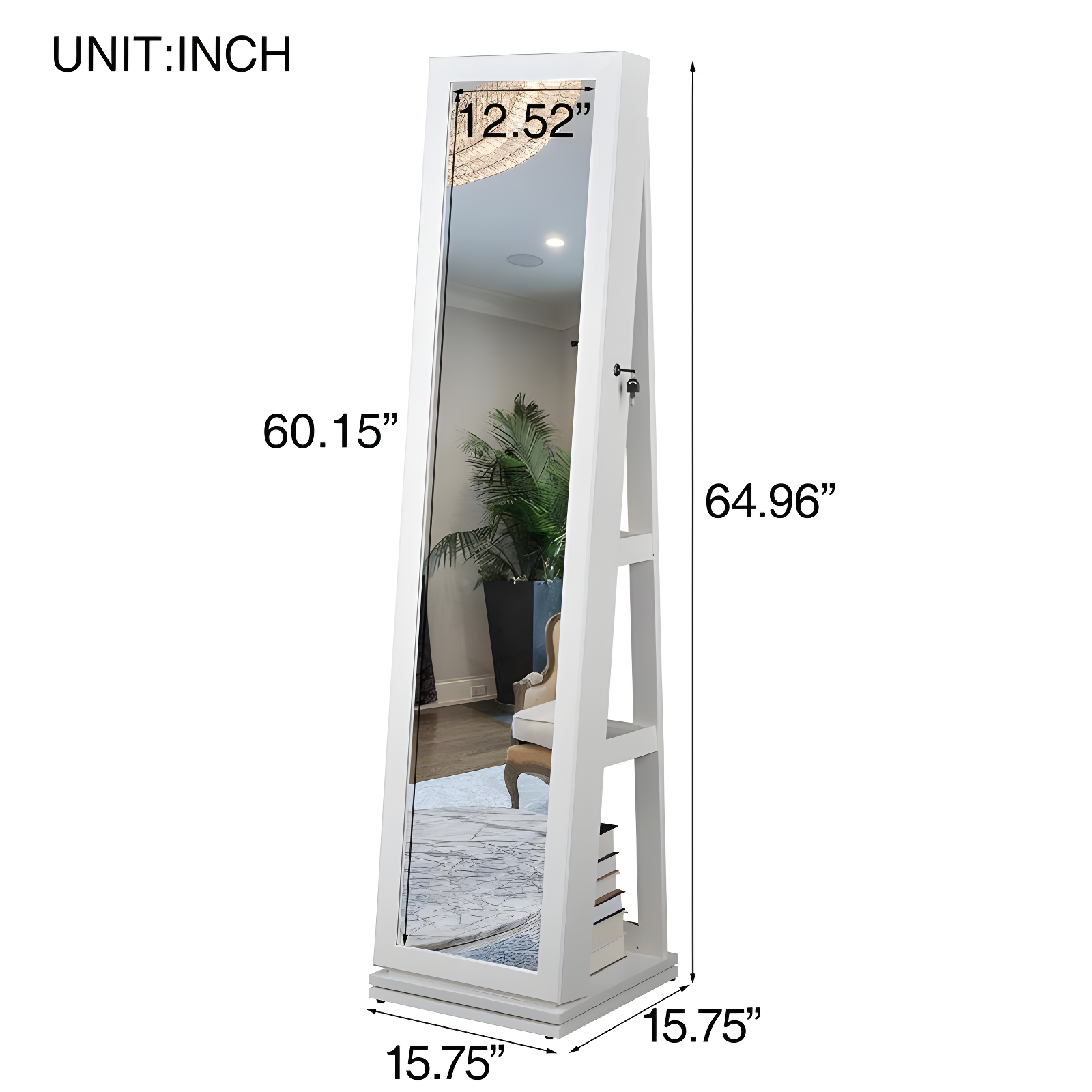 360° Swivel Jewelry Cabinet, Rotatable Full Length Mirror With Jewelry Storage, Lockable Standing Jewelry Armoire Organizer,white