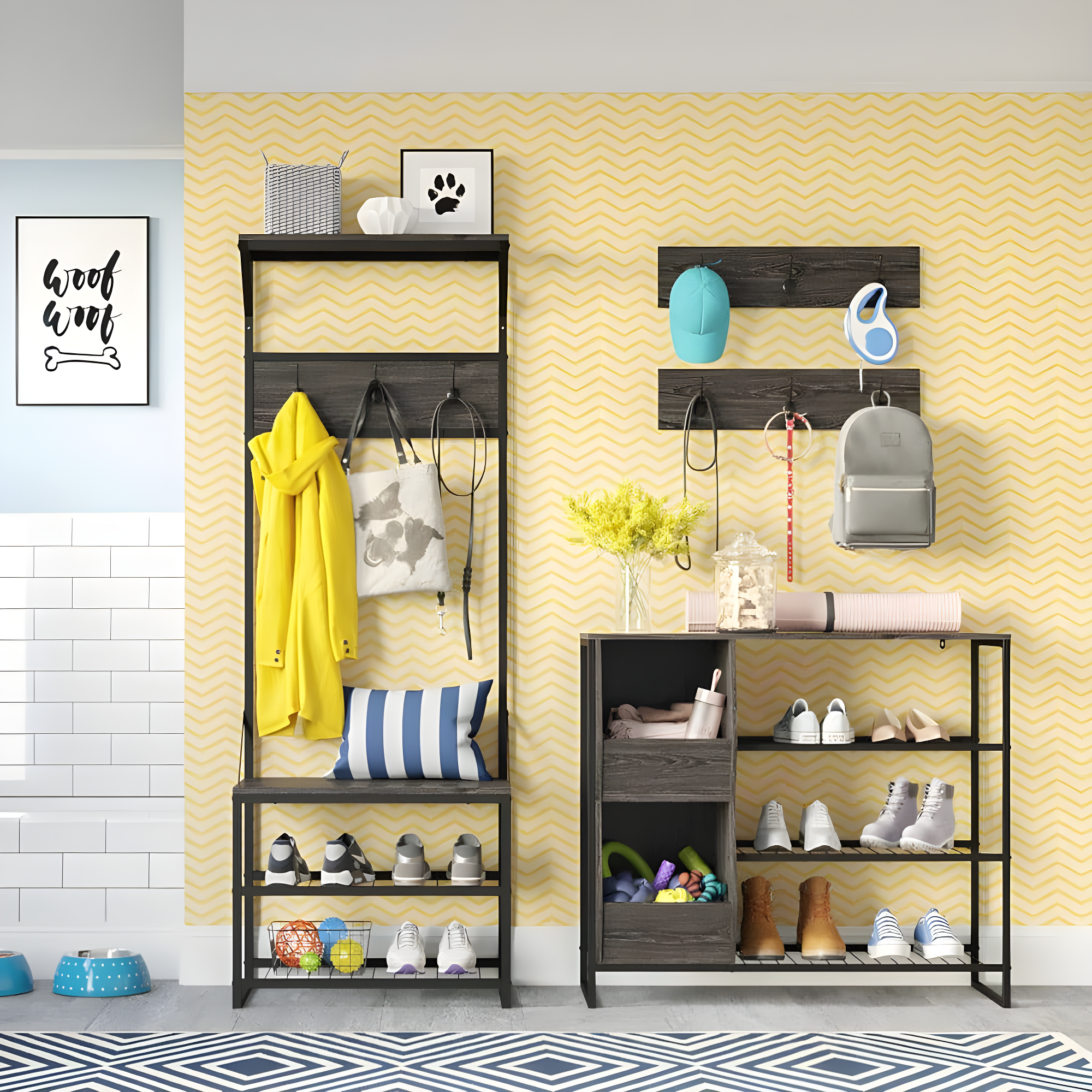 Afton Entryway Shoe Storage Organizer with 3 Shoe Racks and 2 Shoe Organizer Boxes Weathered Woodgrain - RiverRidge Home