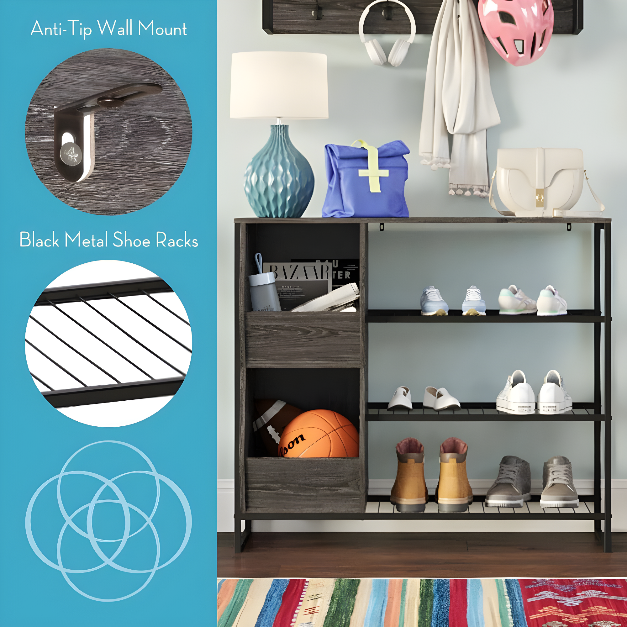 Afton Entryway Shoe Storage Organizer with 3 Shoe Racks and 2 Shoe Organizer Boxes Weathered Woodgrain - RiverRidge Home