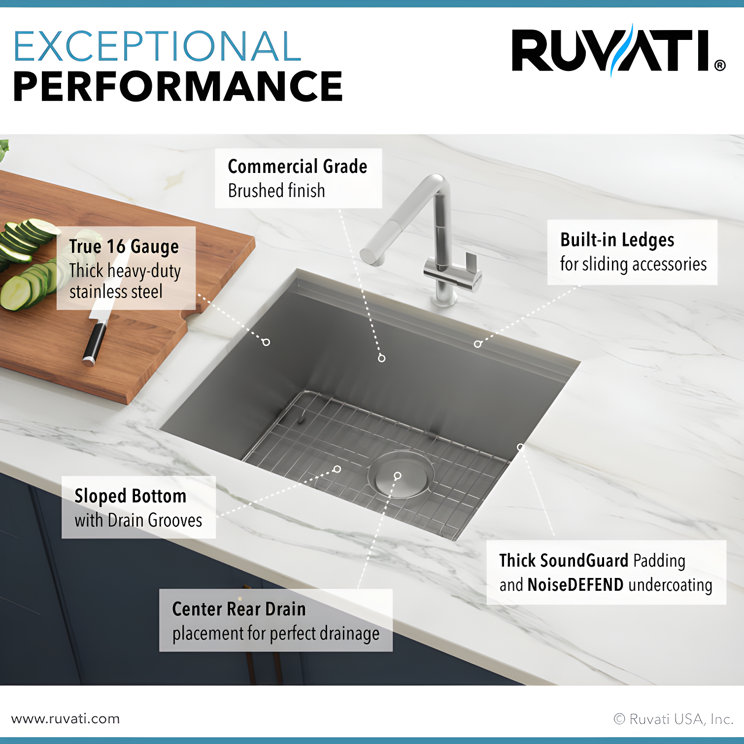 Ruvati Workstation Undermount 16 Gauge Stainless Steel Kitchen Sink Single Bowl
