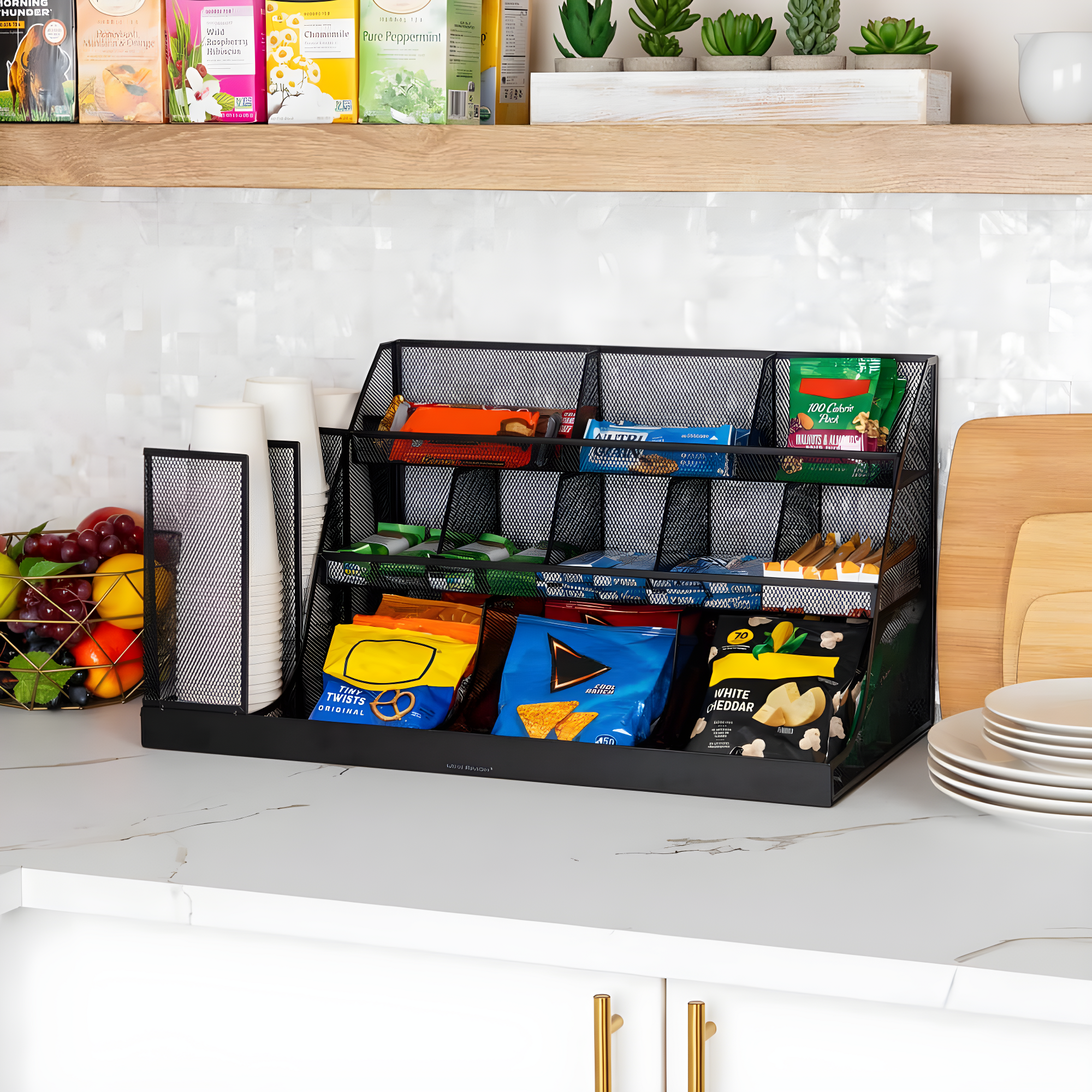 Mind Reader Cup and Condiment Station, Countertop Org, Coffee Bar, Kitchen, Metal Mesh, 23.75"L x 11.5"W x 12.5"H