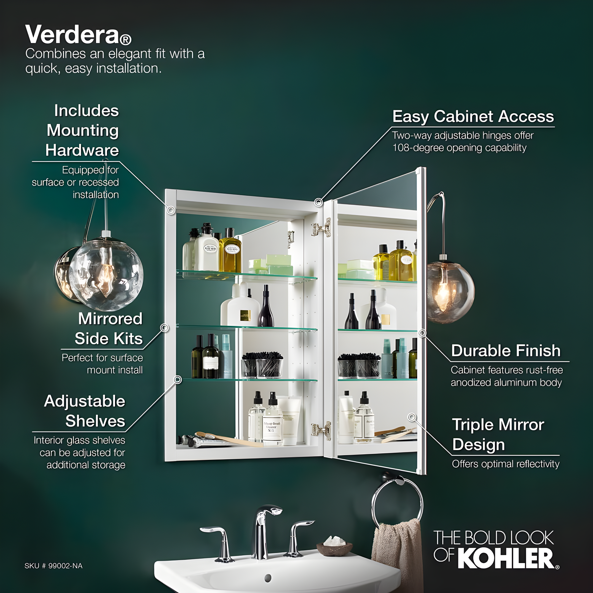 Verdera® Recessed or Surface Mount Frameless Medicine Cabinet with 3 Adjustable Shelves