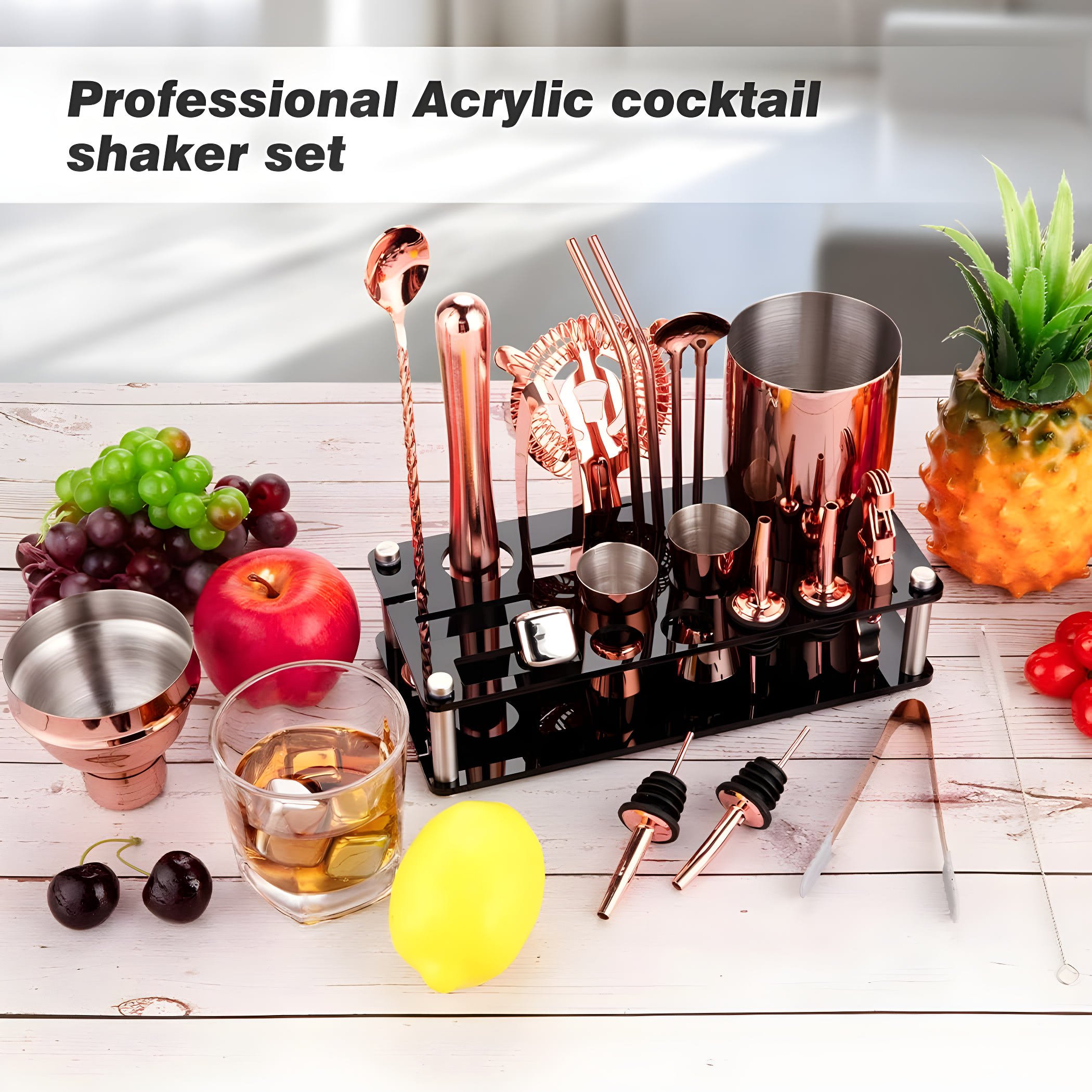 23 Piece Cocktail Shaker Set Bartender Kit with Acrylic Stand & Cocktail Recipes Booklet, Professional Bar Tools for Drink Mixing, Home, Bar, Party (Include 4 Whiskey Stones) - Gold Rose