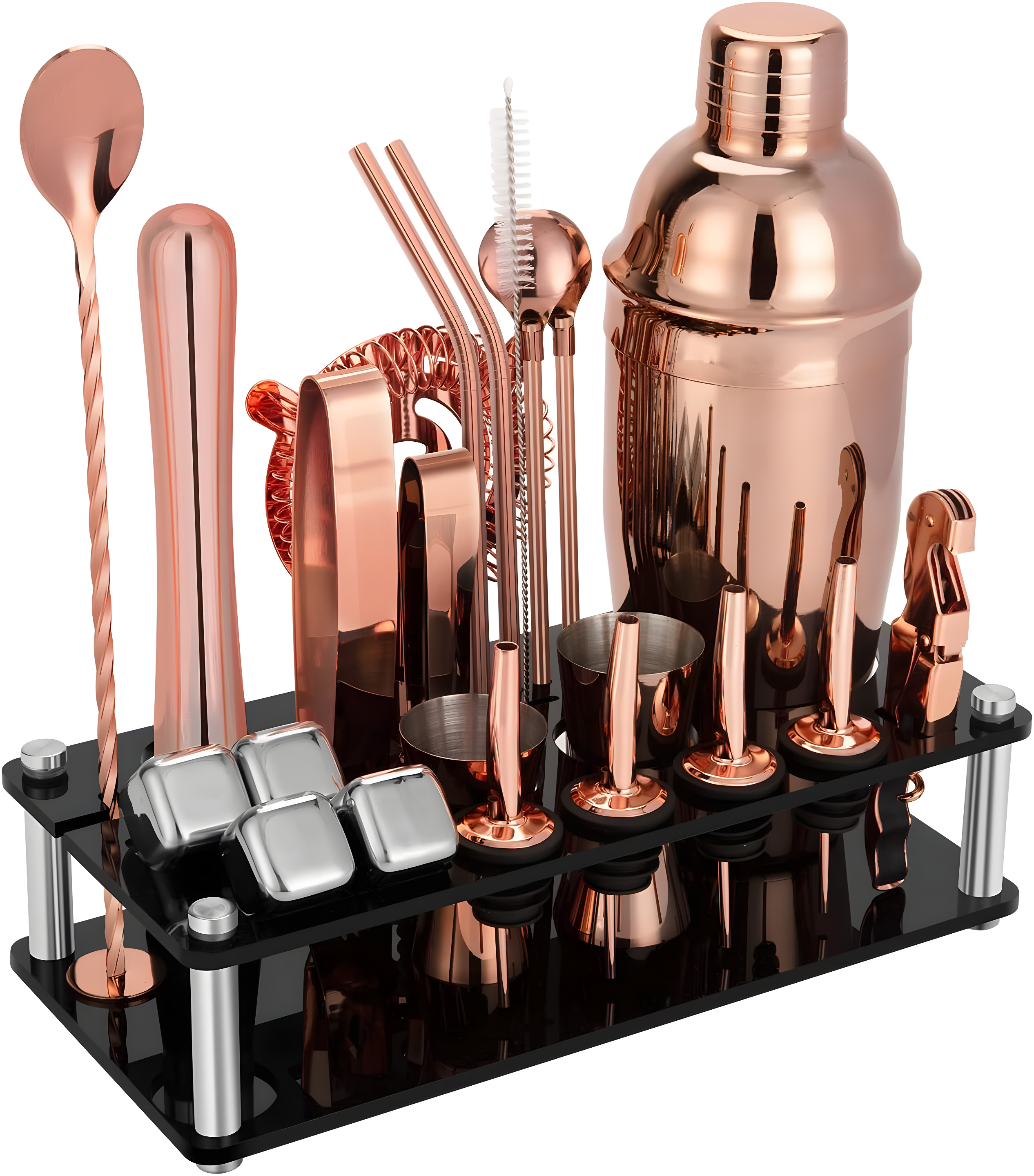 23 Piece Cocktail Shaker Set Bartender Kit with Acrylic Stand & Cocktail Recipes Booklet, Professional Bar Tools for Drink Mixing, Home, Bar, Party (Include 4 Whiskey Stones) - Gold Rose
