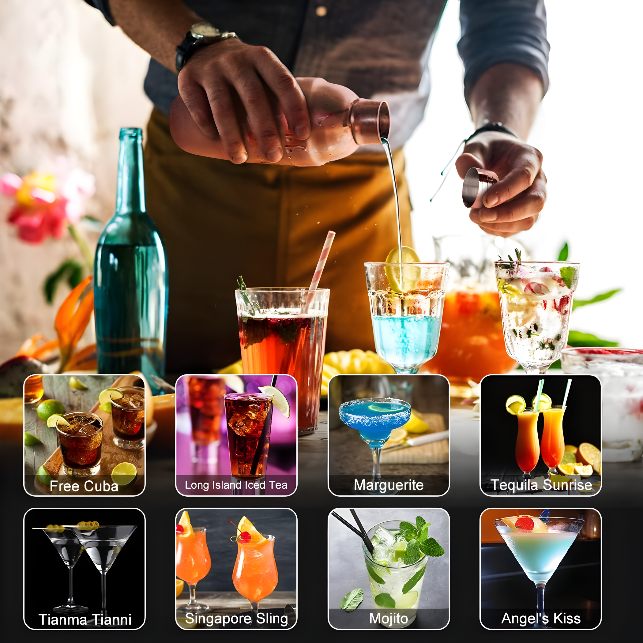 23 Piece Cocktail Shaker Set Bartender Kit with Acrylic Stand & Cocktail Recipes Booklet, Professional Bar Tools for Drink Mixing, Home, Bar, Party (Include 4 Whiskey Stones) - Gold Rose