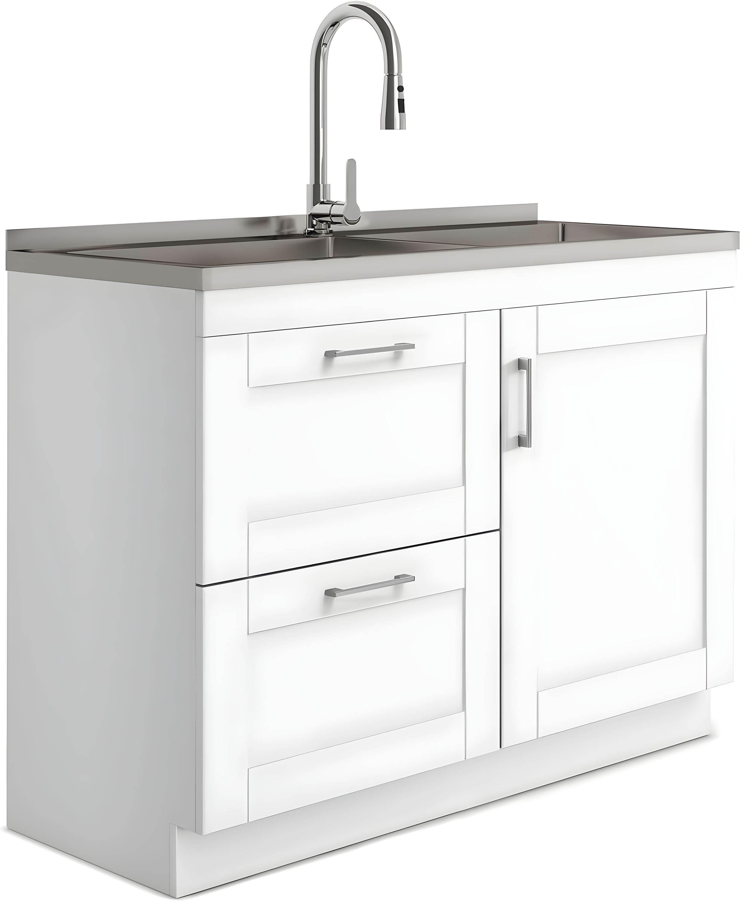 Modern Wide Shaker 46"W Utility Sink & Laundry Cabinet with High-Arc Facet and Stainless Steel Sink, White
