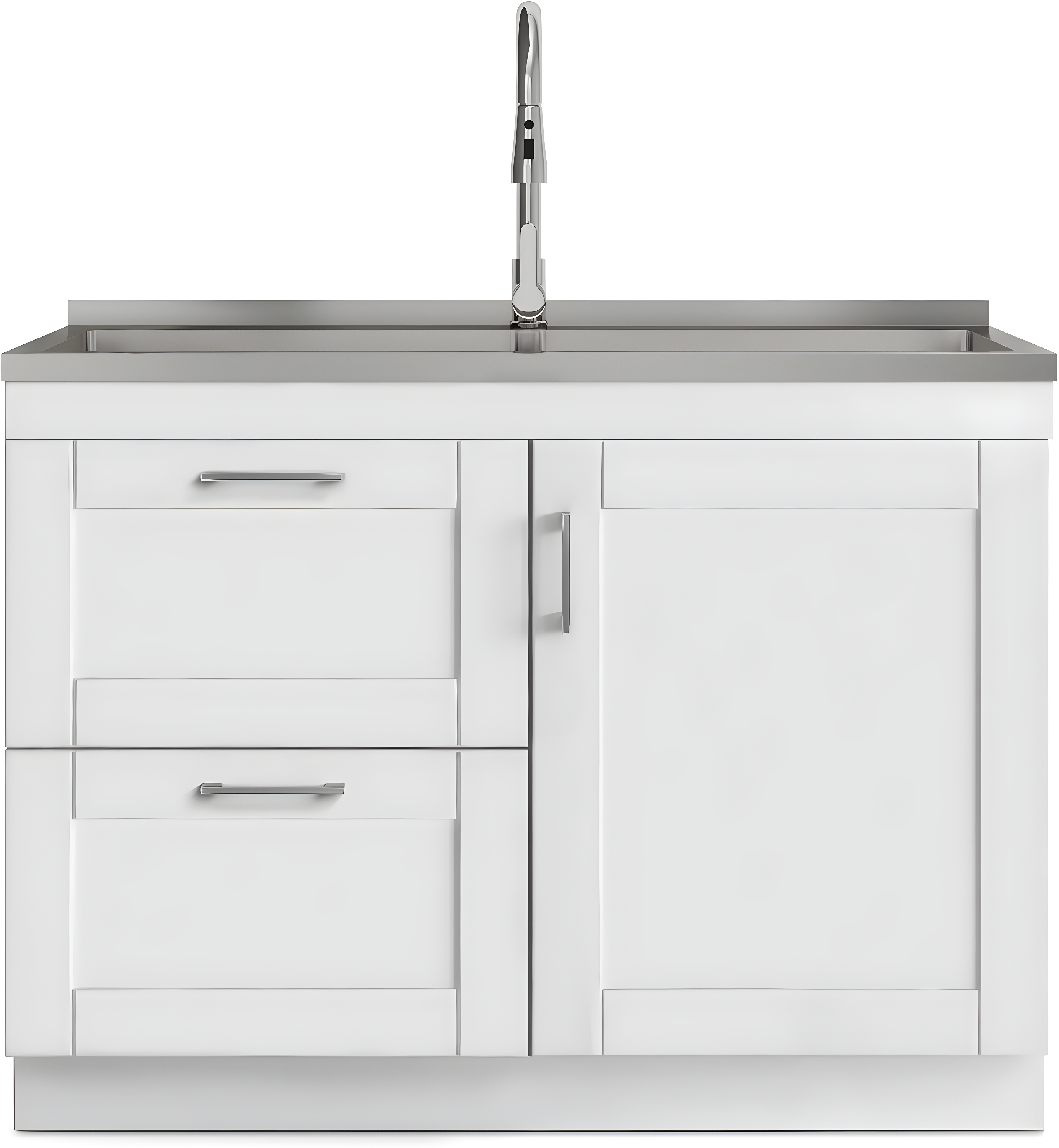 Modern Wide Shaker 46"W Utility Sink & Laundry Cabinet with High-Arc Facet and Stainless Steel Sink, White