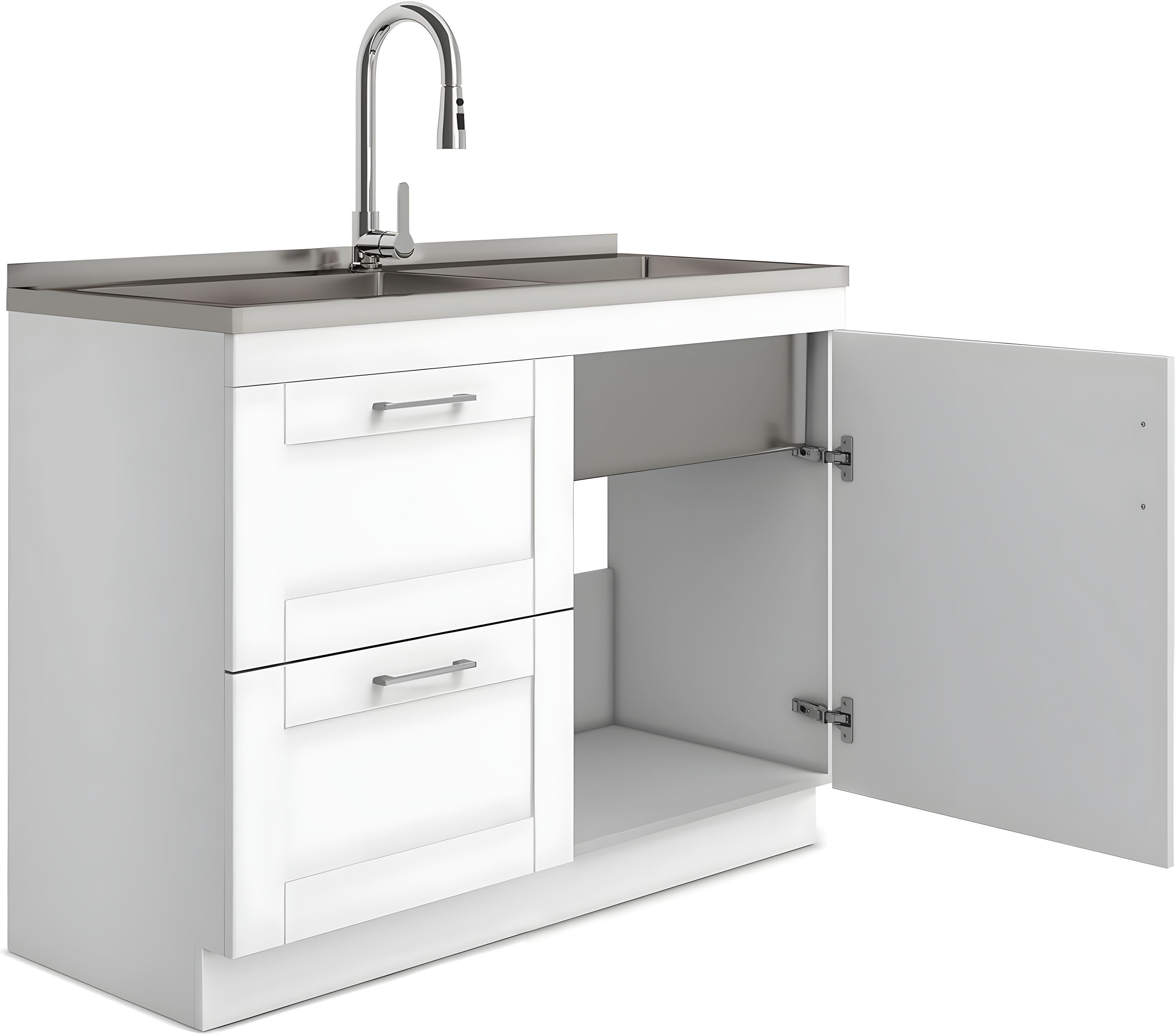 Modern Wide Shaker 46"W Utility Sink & Laundry Cabinet with High-Arc Facet and Stainless Steel Sink, White