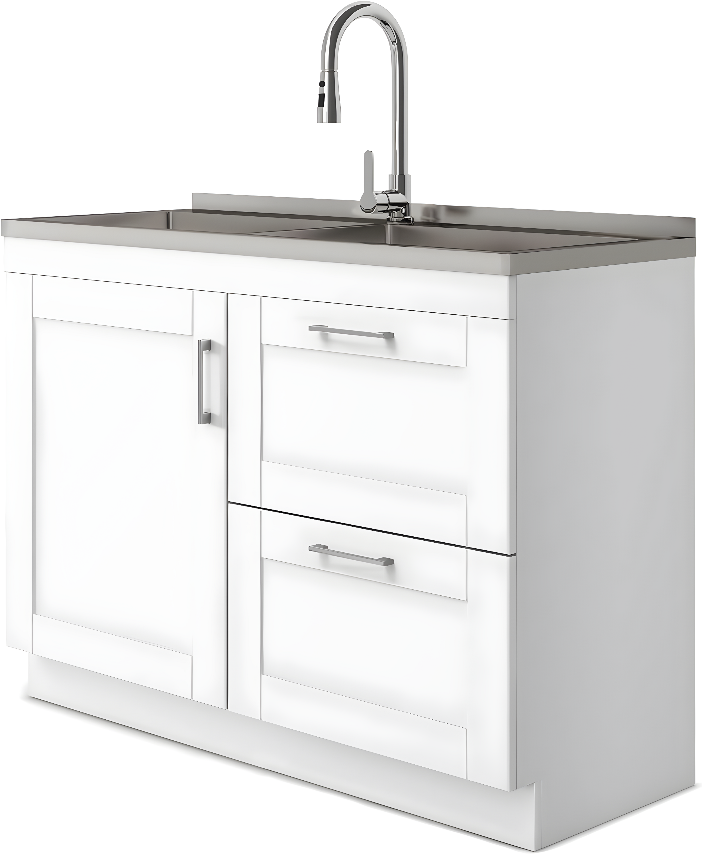 Modern Wide Shaker 46"W Utility Sink & Laundry Cabinet with High-Arc Facet and Stainless Steel Sink, White