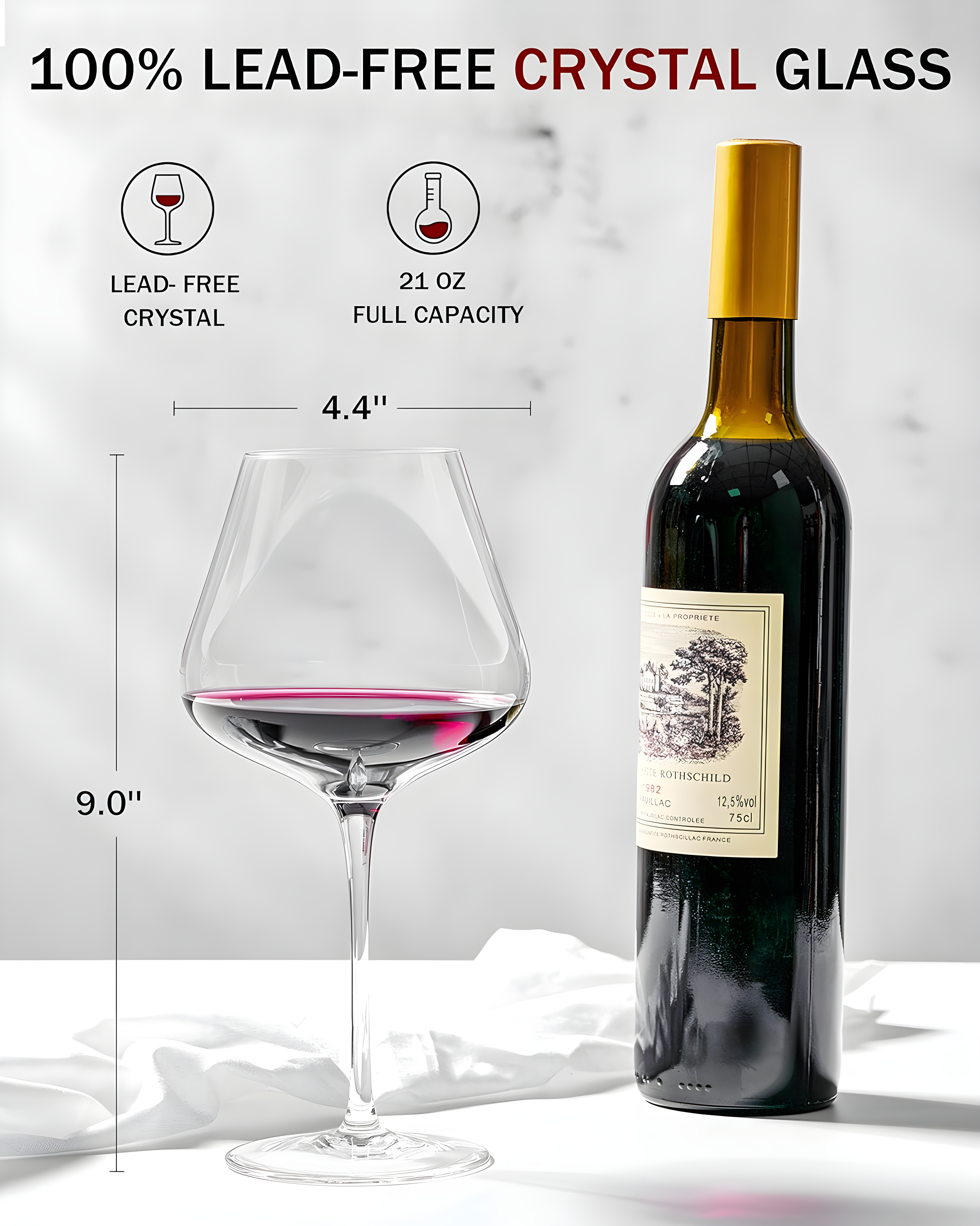 Set Of 4-21 Ounce Hand Blown Italian Style Crystal Burgundy Wine Glasses - Lead-Free Premium Crystal Clear Glass - Gift-Box For Any Occasion