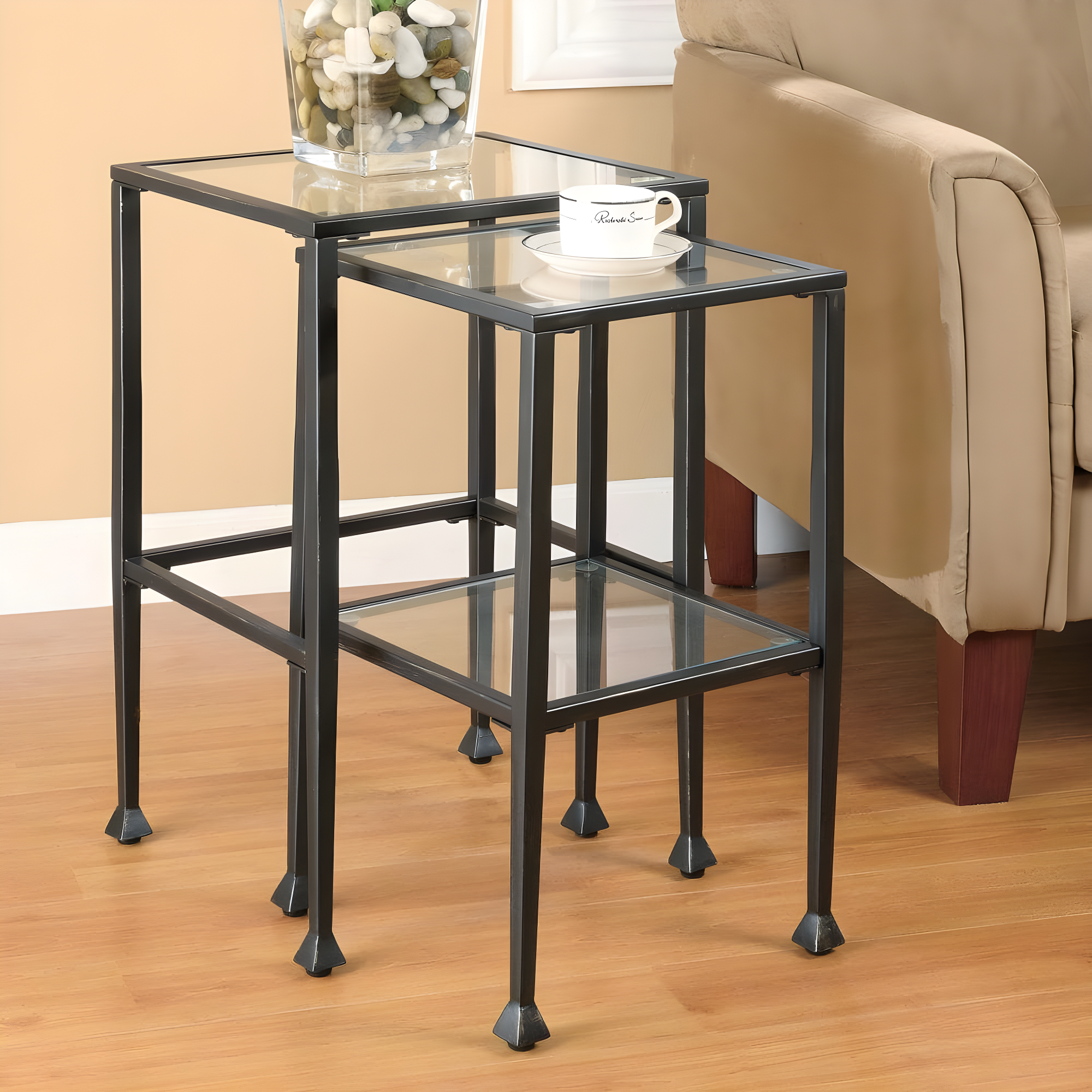 2-piece Glass Top Nesting Tables Black