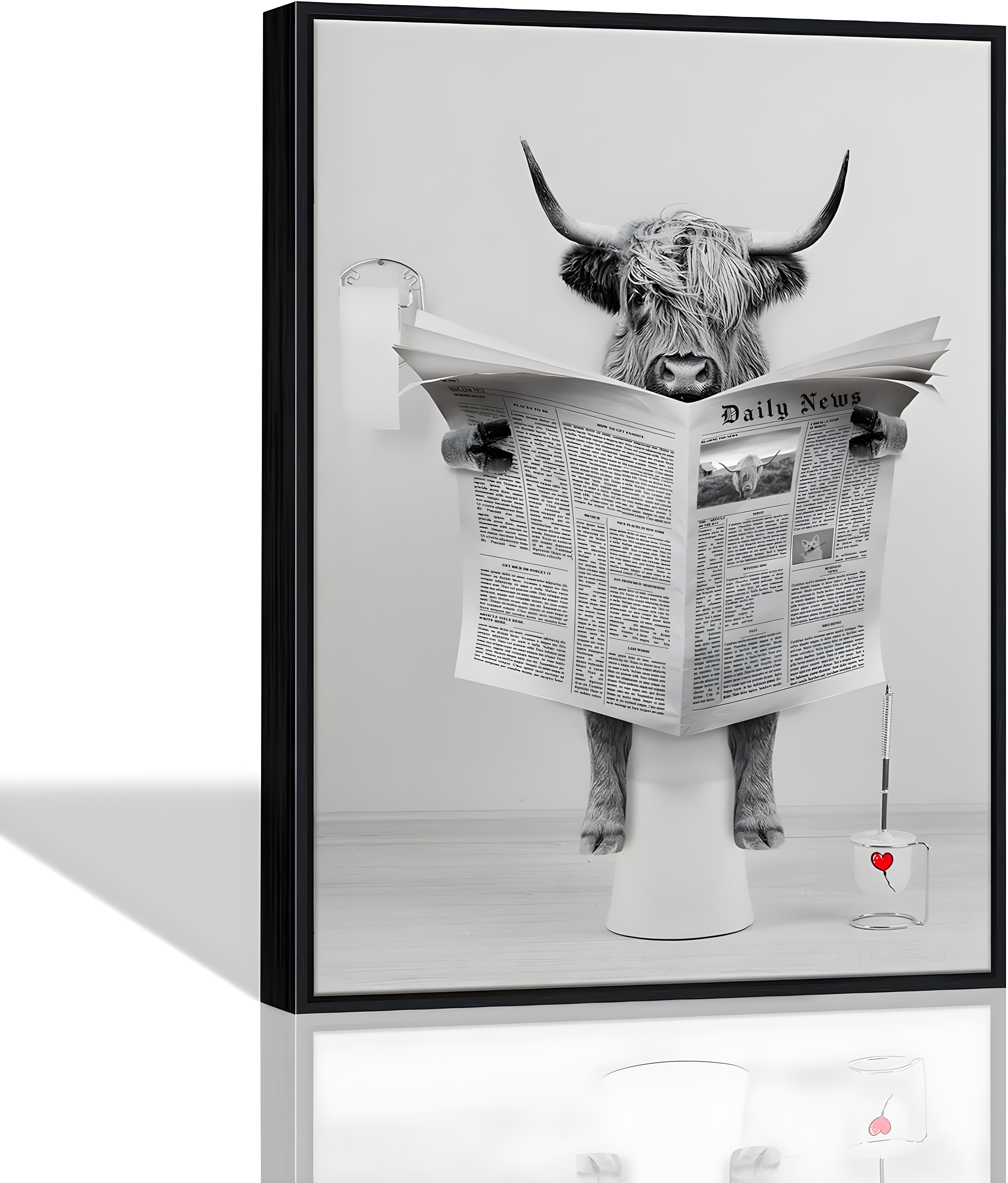 Modern Black Framed Highland Cow Wall Art Minimalist Bathroom Wall Decor Cute Funny Animals Artwork Canvas Prints Ready to Hang for Guest Bathroom, Hotel, Condo, Kids Bathroom, 12”x16”