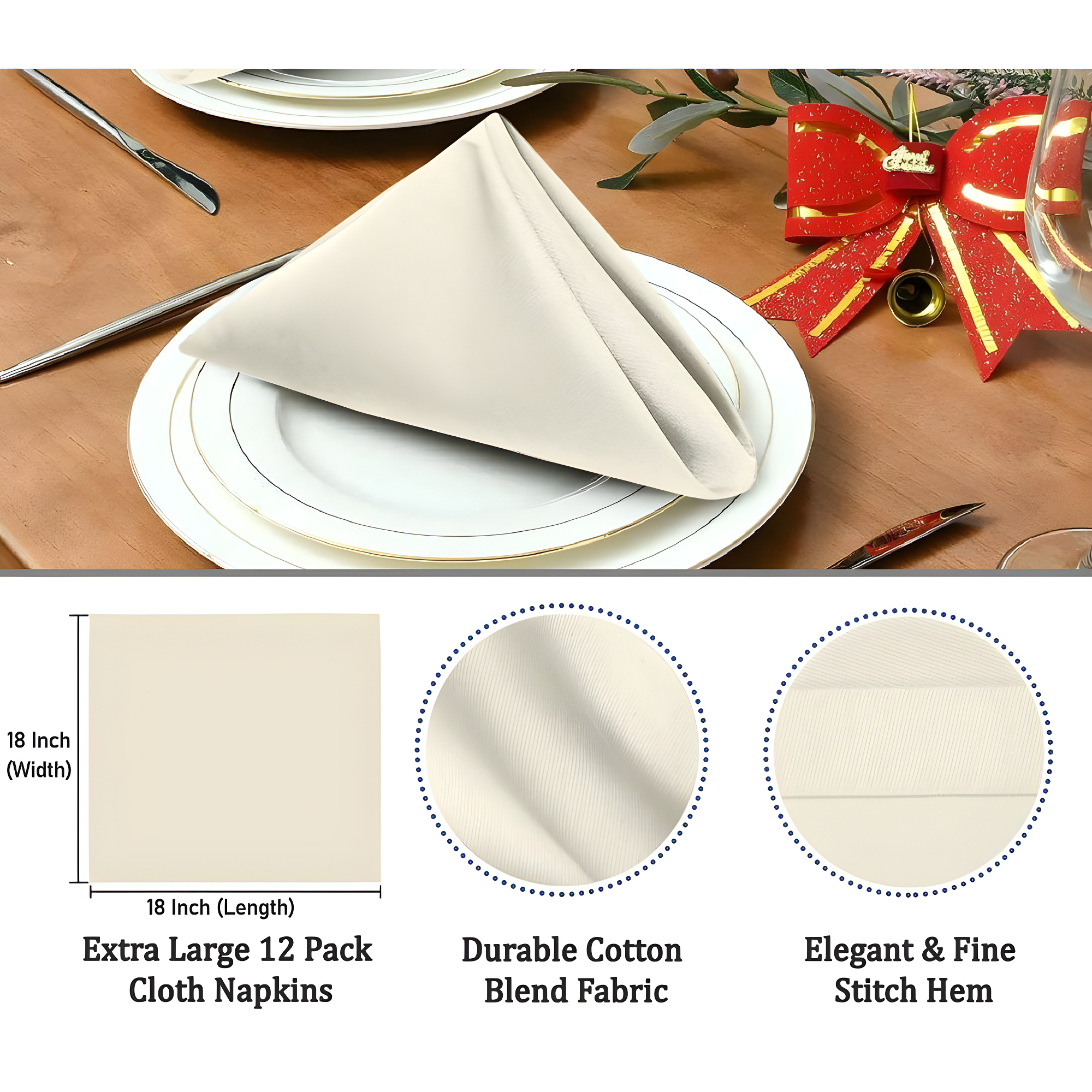 Urban Villa Ivory Cloth Napkins 100% Cotton Dinner Napkins (Set of 12) 18x18 Inches Absorbent Soft Durable Reusable and Washable Napkins - Ideal for Everyday Use Parties Wedding Spring Summer Easter