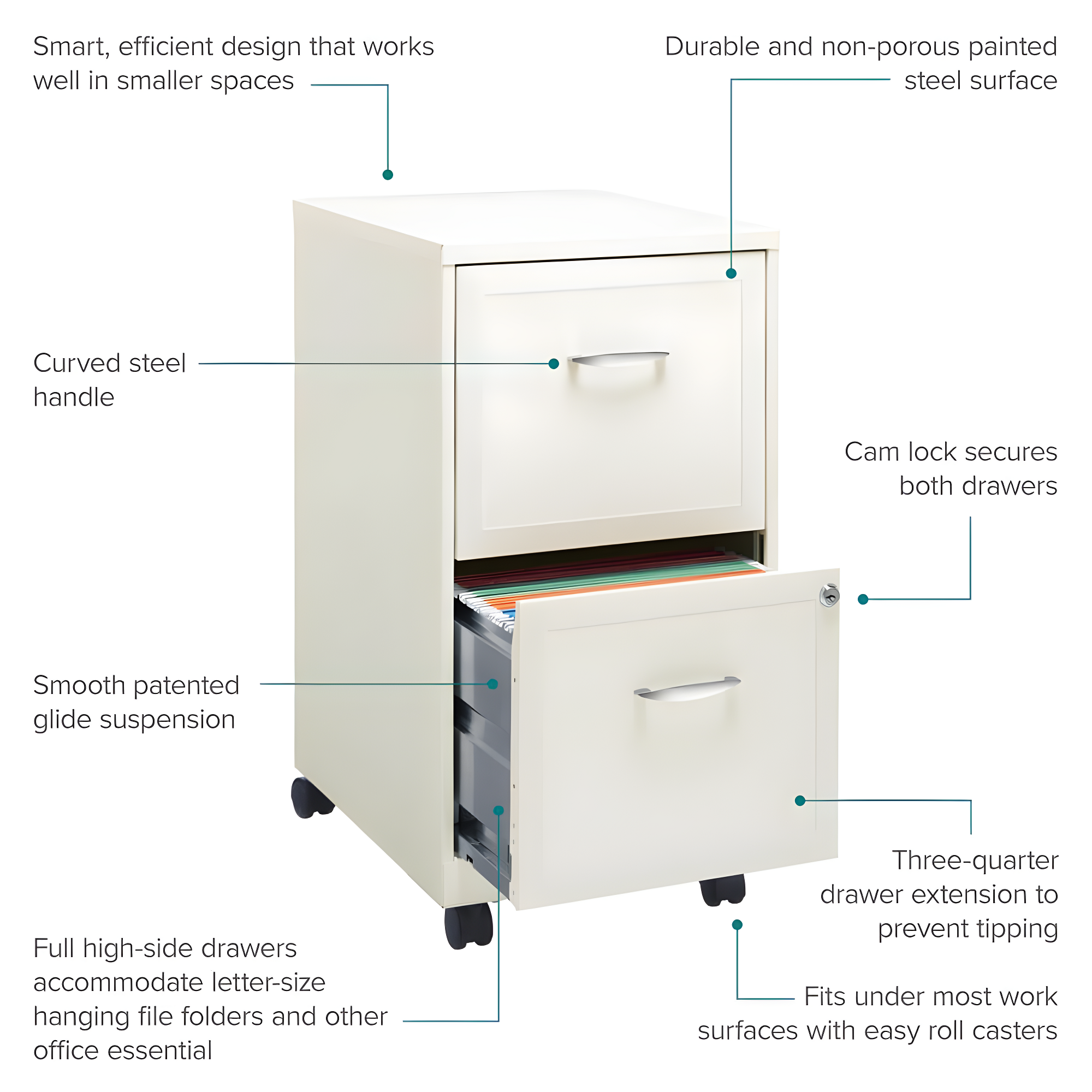Hirsh Industries Space Solutions File Cabinet on Wheels 2 Drawer - Pearl White: Vertical Steel Storage, Office Supplies