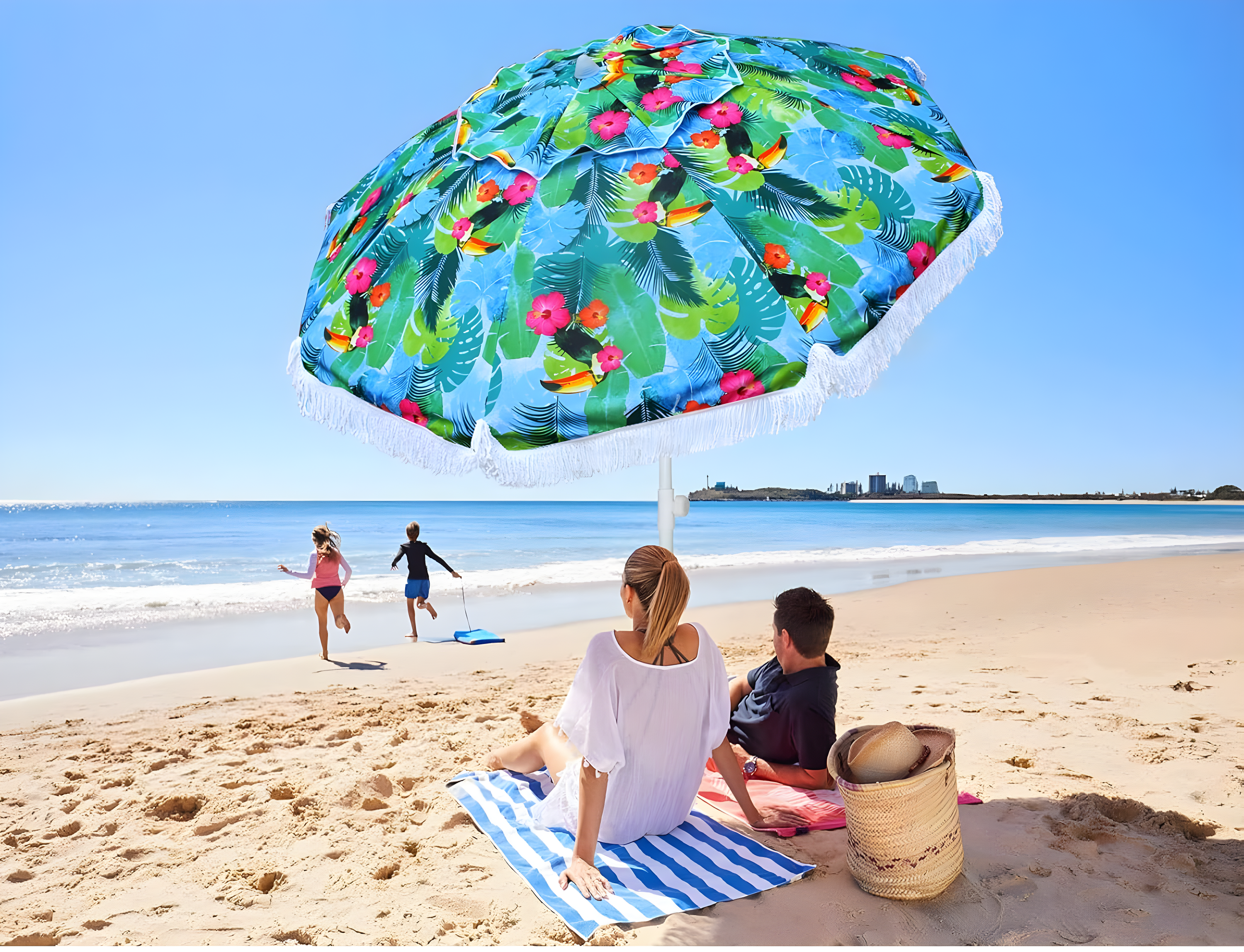 AMMSUN 6.5ft Heavy Duty HIGH Wind fringe Beach Umbrella with sand anchor Vent Tilt Portable Sun Shelter UPF 50+ Windproof Outdoor Sunshade Umbrellas Carry Bag for Patio Garden Pool Backyard Sports