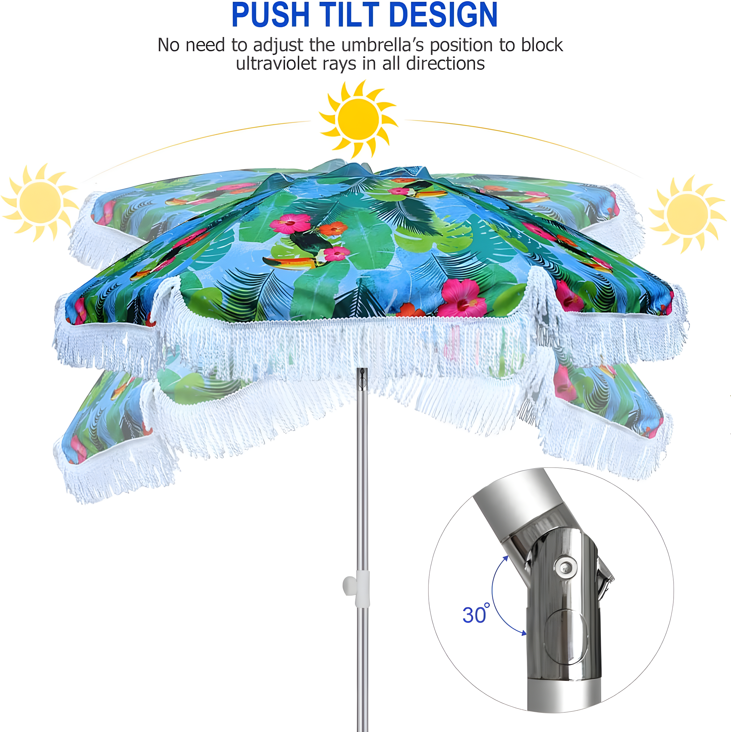 AMMSUN 6.5ft Heavy Duty HIGH Wind fringe Beach Umbrella with sand anchor Vent Tilt Portable Sun Shelter UPF 50+ Windproof Outdoor Sunshade Umbrellas Carry Bag for Patio Garden Pool Backyard Sports