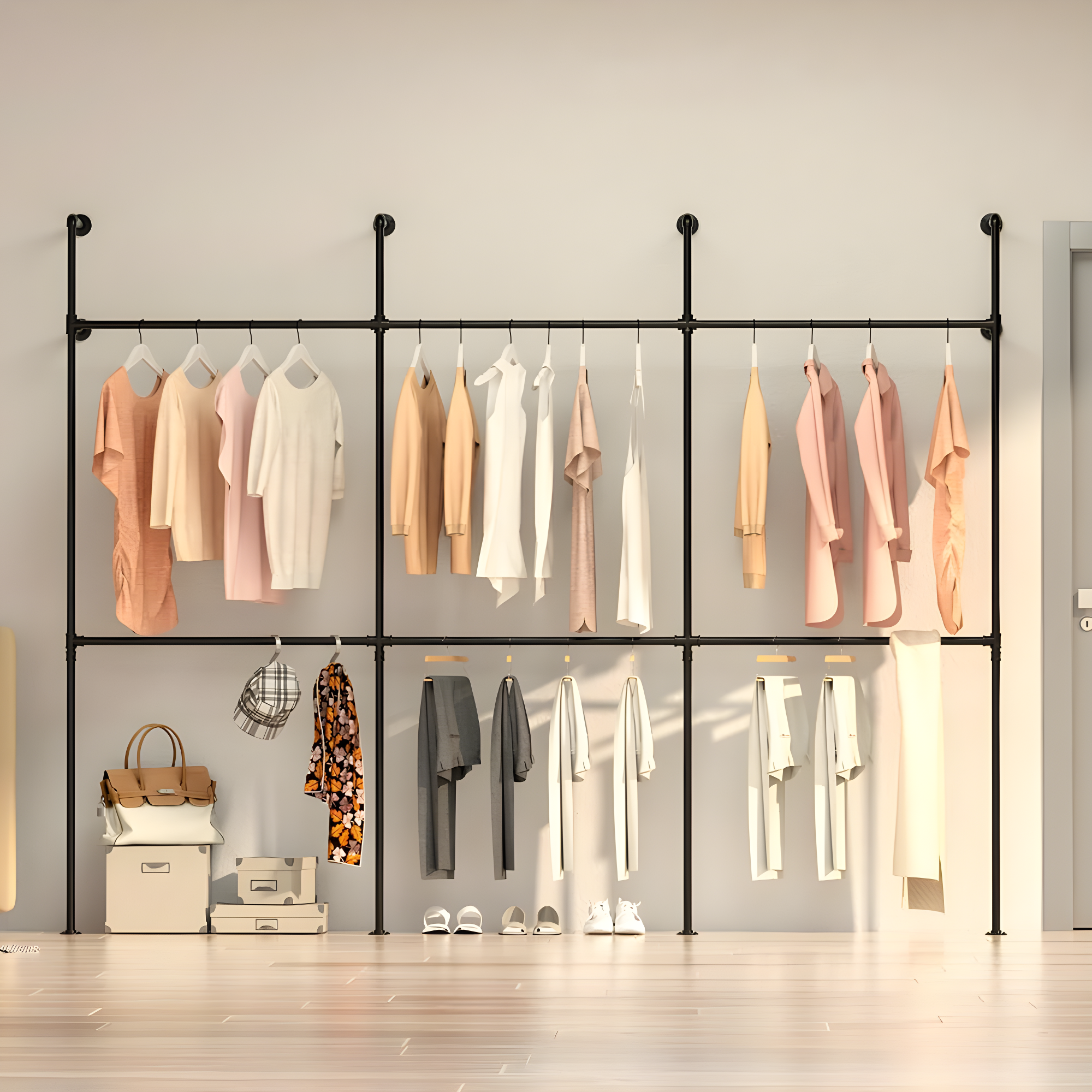 Industrial Pipe Clothes Rack Wall Mounted Clothing Rack,Heavy Duty Iron Pipe Garment Rods,Detachable Multi-Purpose Clothing Hanging Rod/Garment Bar, Black