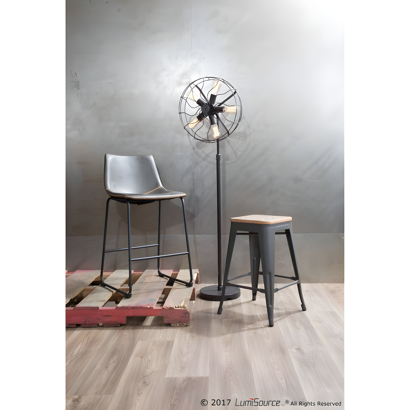 LumiSource Set of 2 26" Duke Industrial Counter Height Barstool Black/Gray: Upholstered, Metal Frame, No Assembly Required
