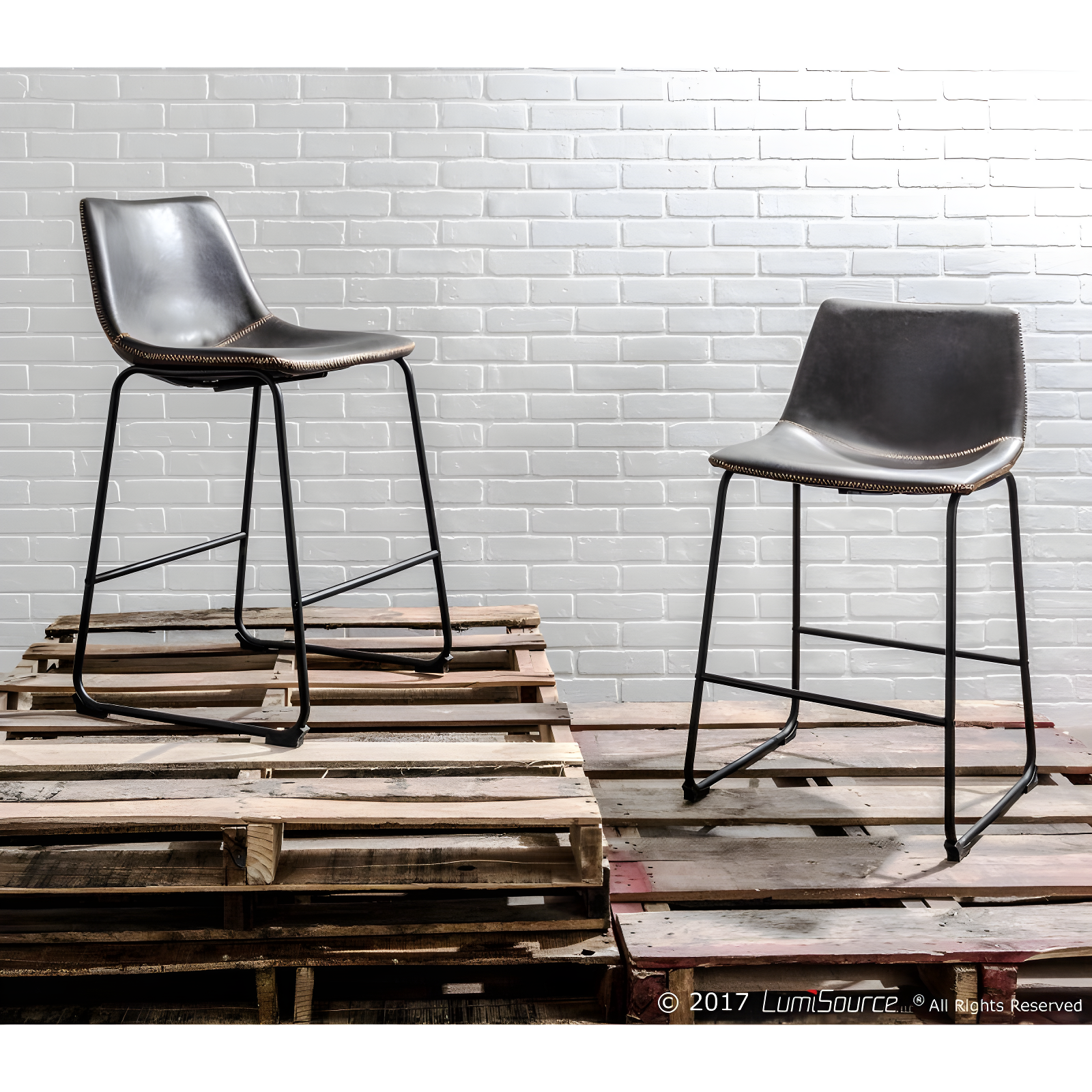 LumiSource Set of 2 26" Duke Industrial Counter Height Barstool Black/Gray: Upholstered, Metal Frame, No Assembly Required