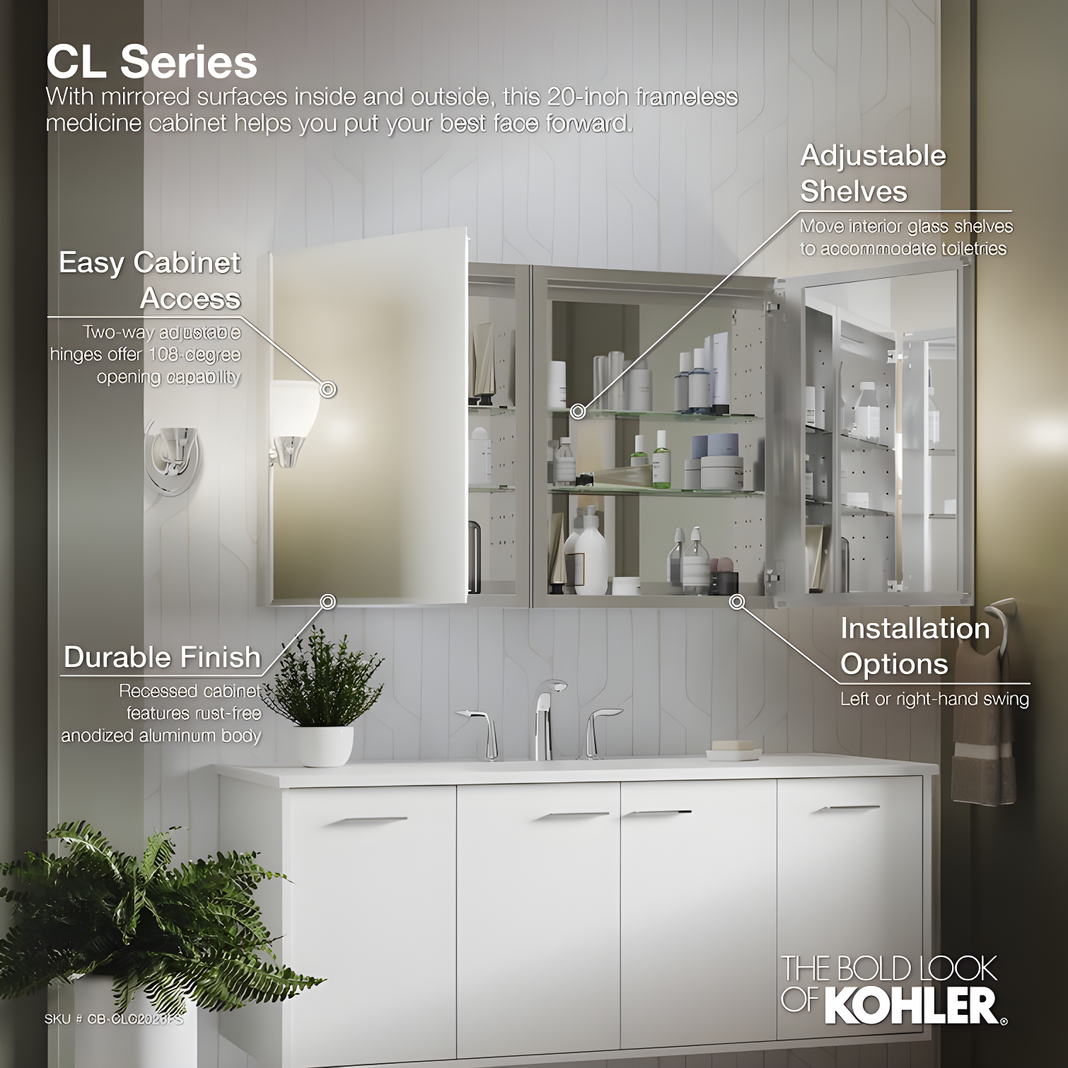 CLC Recessed or Surface Mount Frameless Aluminum Medicine Cabinet Adjustable Shelves