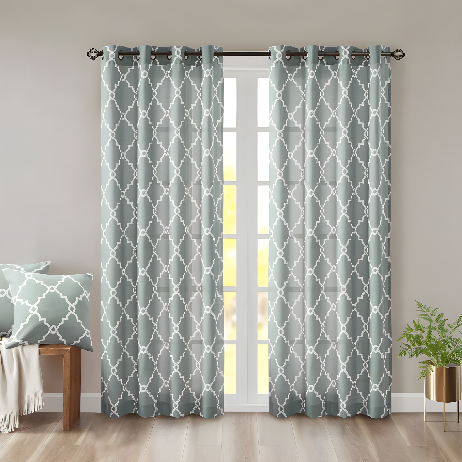 Fretwork Print Grommet Top Window Curtain Panel