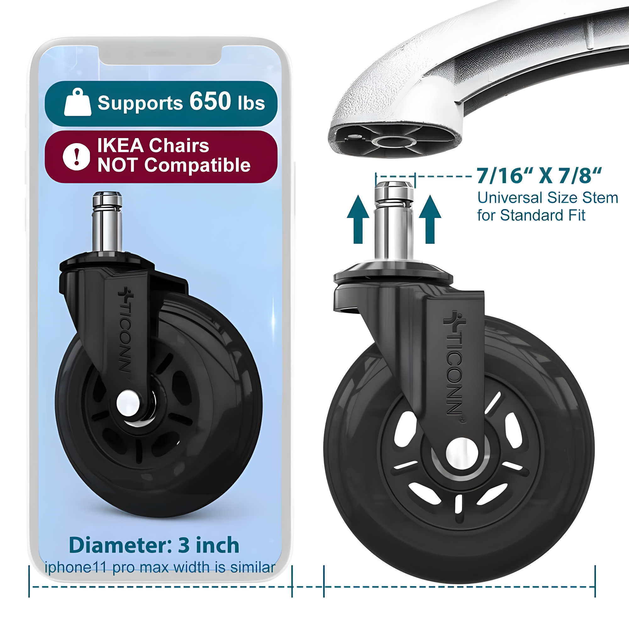 TICONN Office Chair Caster Wheels Set of 5 for Tile, Hardwood Floors and Carpets, Universal Fit for Most Chairs (Black)