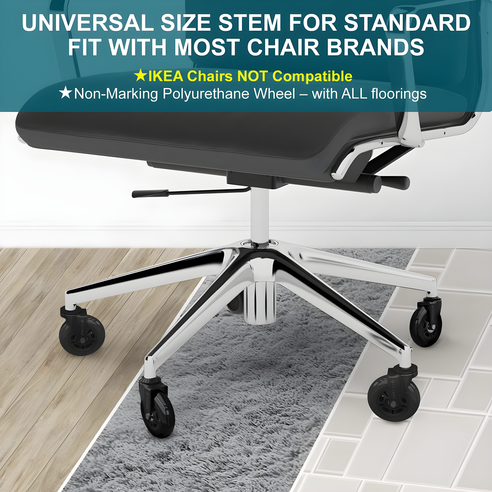 TICONN Office Chair Caster Wheels Set of 5 for Tile, Hardwood Floors and Carpets, Universal Fit for Most Chairs (Black)