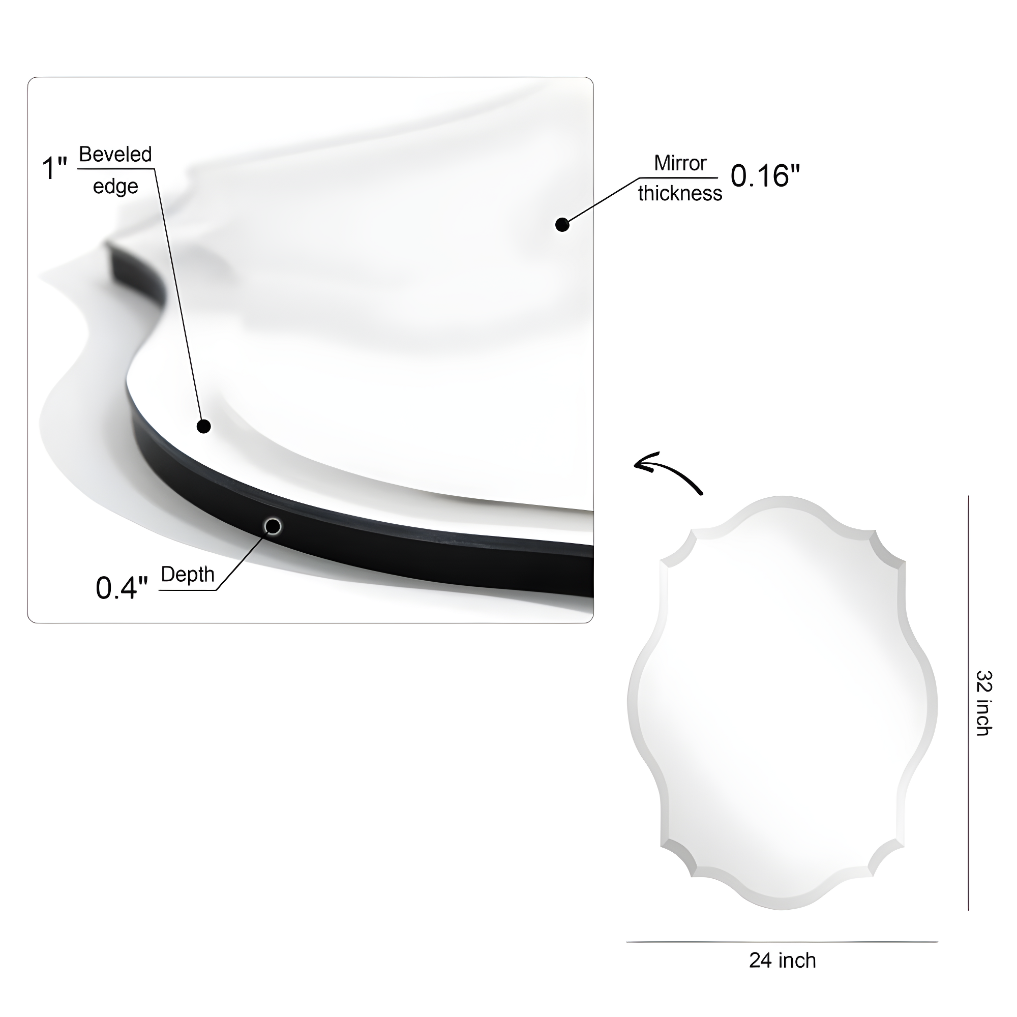 Empire Art Direct  Frameless Beveled Oblong Scalloped Wall Mirror, 24 in. x 32 in.