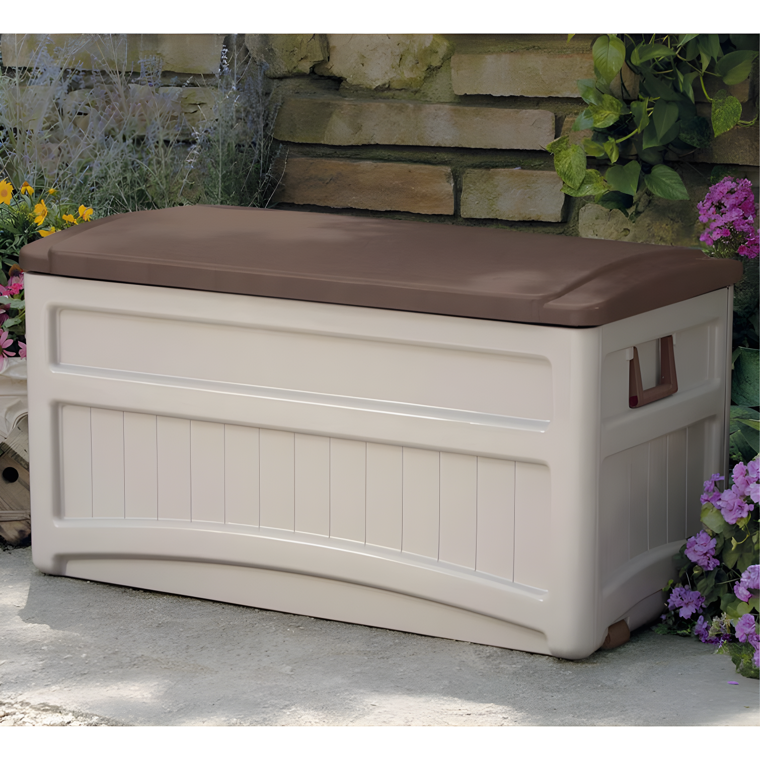 Suncast Suncast 78 Gallon Water Resistant Resin Deck Box with Wheels in Light Taupe/Mocha