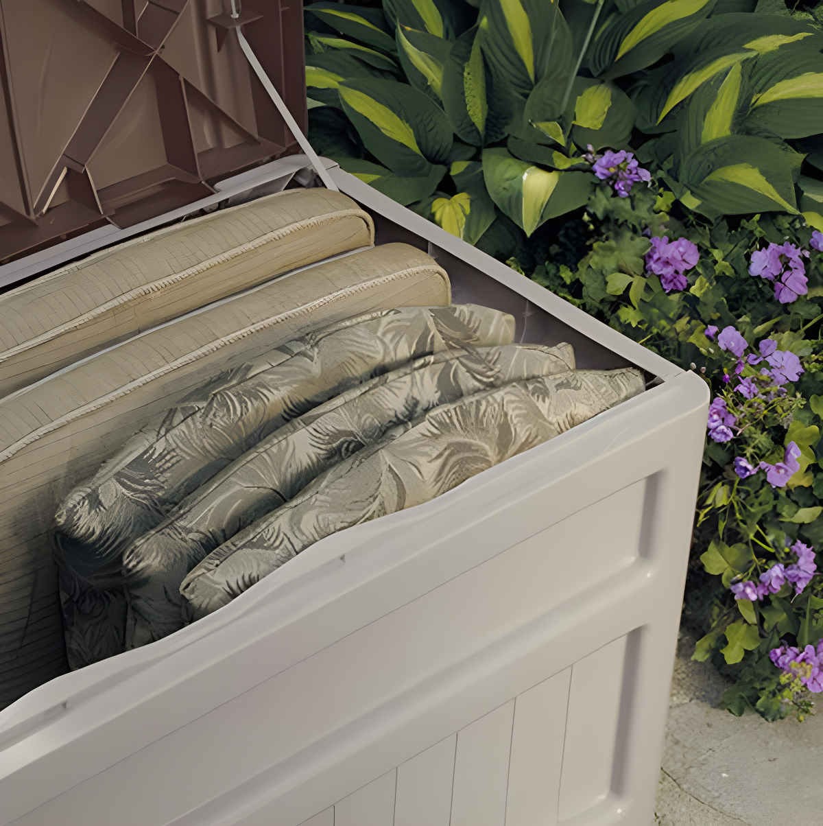 Suncast Suncast 78 Gallon Water Resistant Resin Deck Box with Wheels in Light Taupe/Mocha
