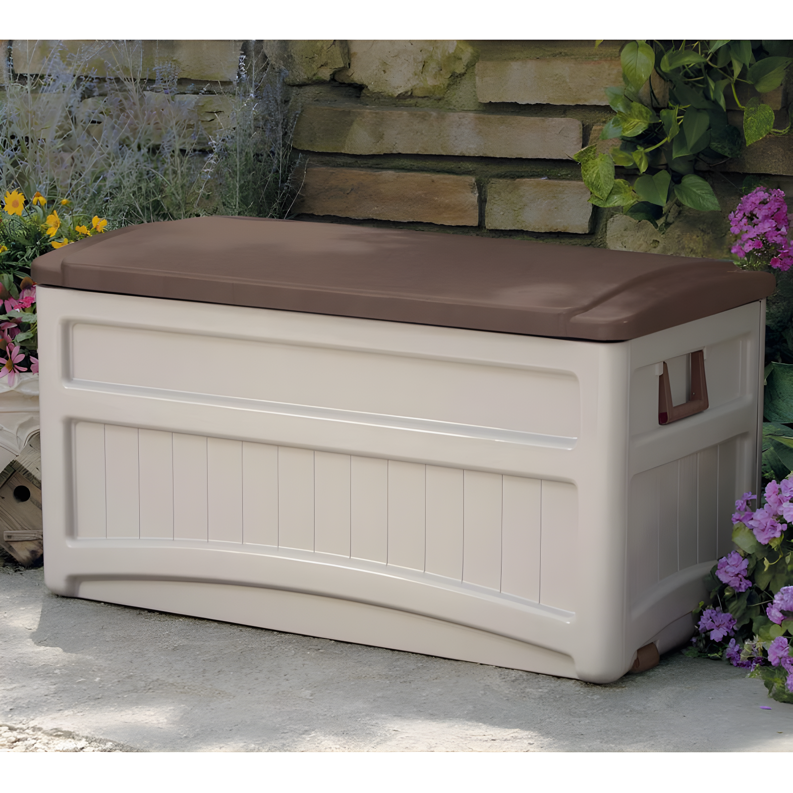 Suncast Suncast 78 Gallon Water Resistant Resin Deck Box with Wheels in Light Taupe/Mocha