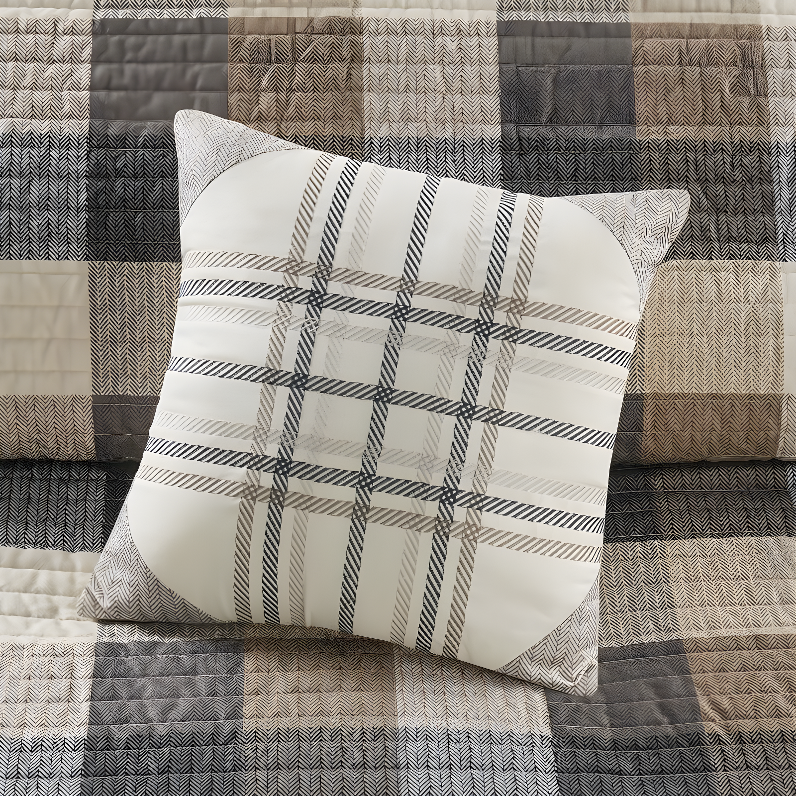 Madison Park Ridge 6 Piece Printed Herringbone Quilt Set with Throw Pillows