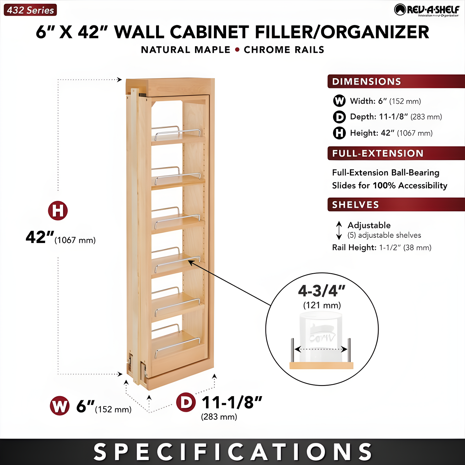 Rev-A-Shelf Pull Out Wall Filler Cabinet Wooden Organizer