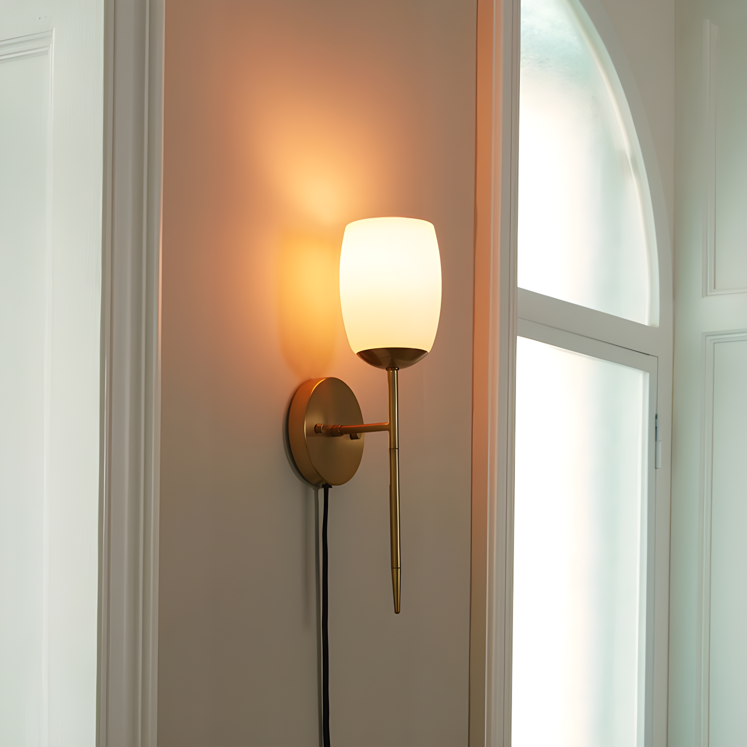 1-Light Matte Brass Plug-In or Hardwire Wall Sconce with Opal Glass Shade