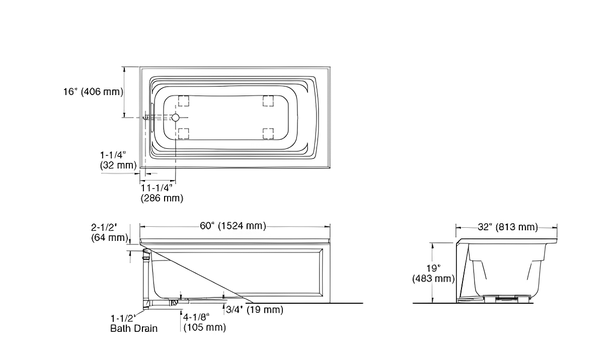 Archer® 60" x 32" Acrylic Alcove Soaking Bathtub with Comfort Depth