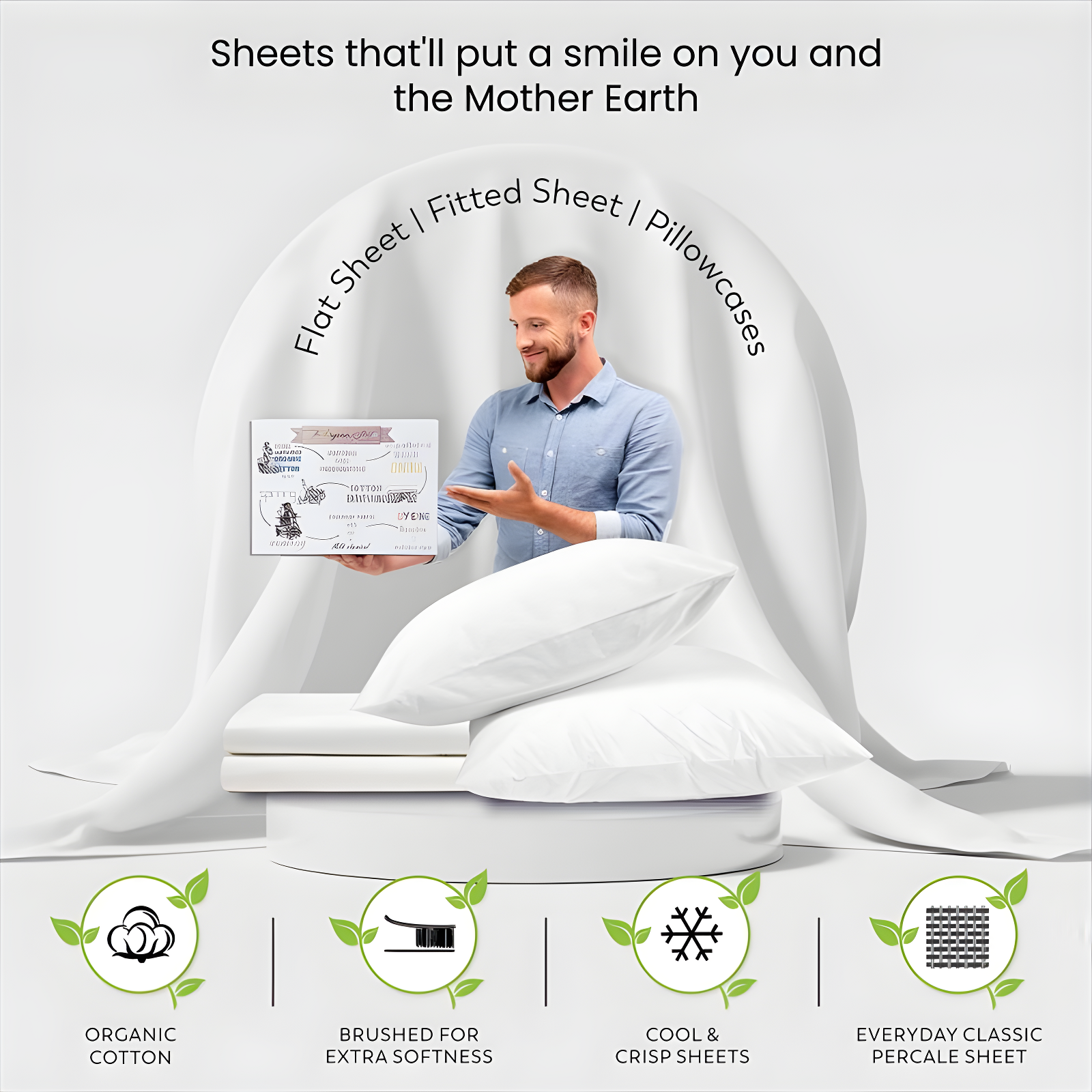 Purity Home Full 300 Thread Count Organic Cotton Brushed Percale Sheet Set Arctic White: GOTS Certified, Deep Pocket, Includes 4pc