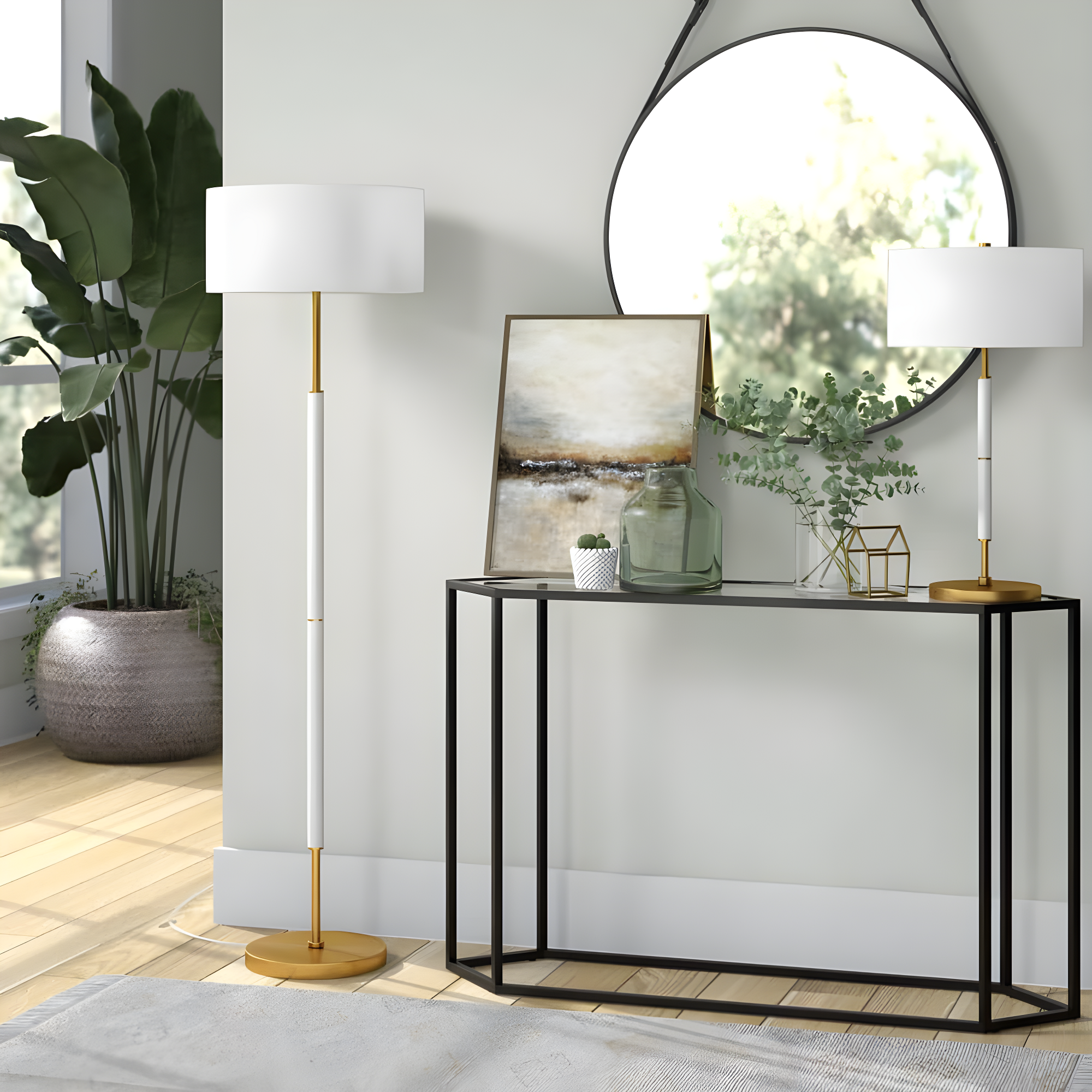 Henn&Hart 17" Matte White/Brass Finish Metal/Fabric Floor Lamp