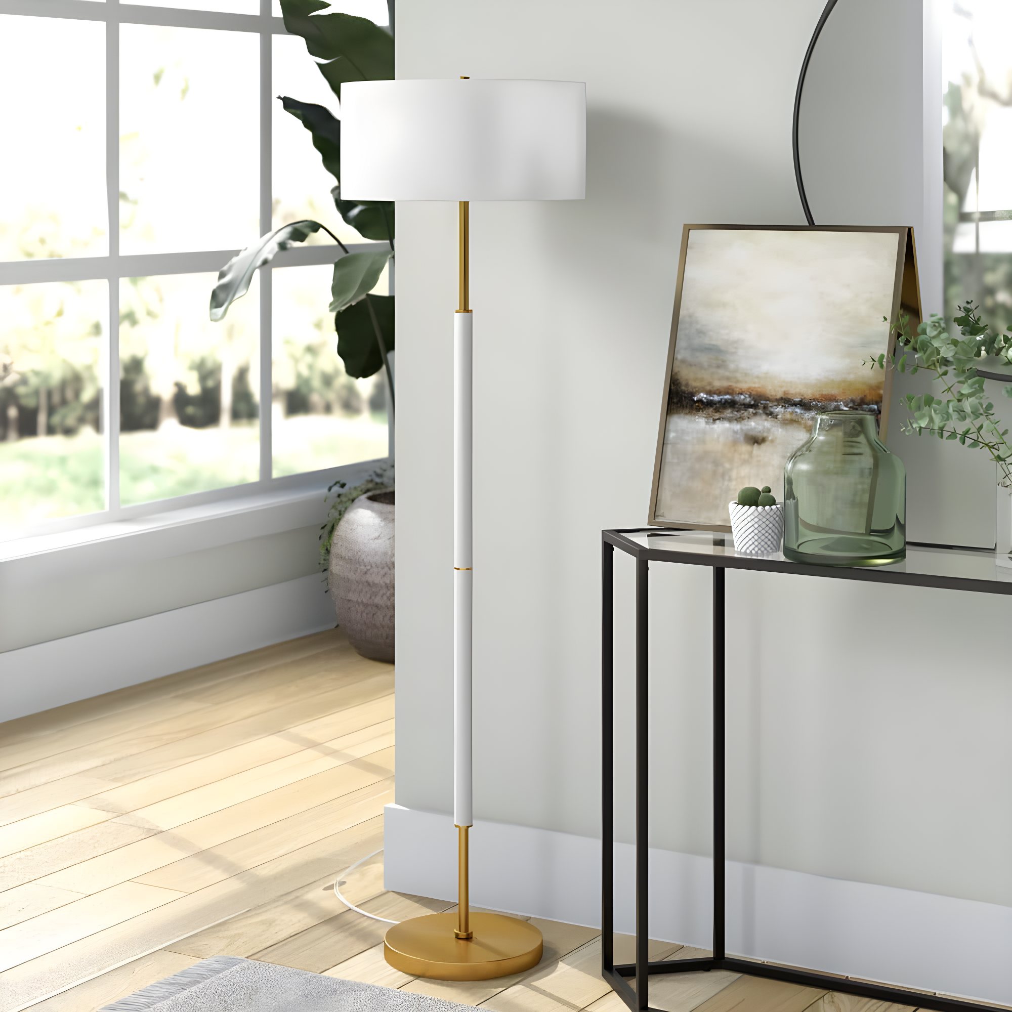 Henn&Hart 17" Matte White/Brass Finish Metal/Fabric Floor Lamp