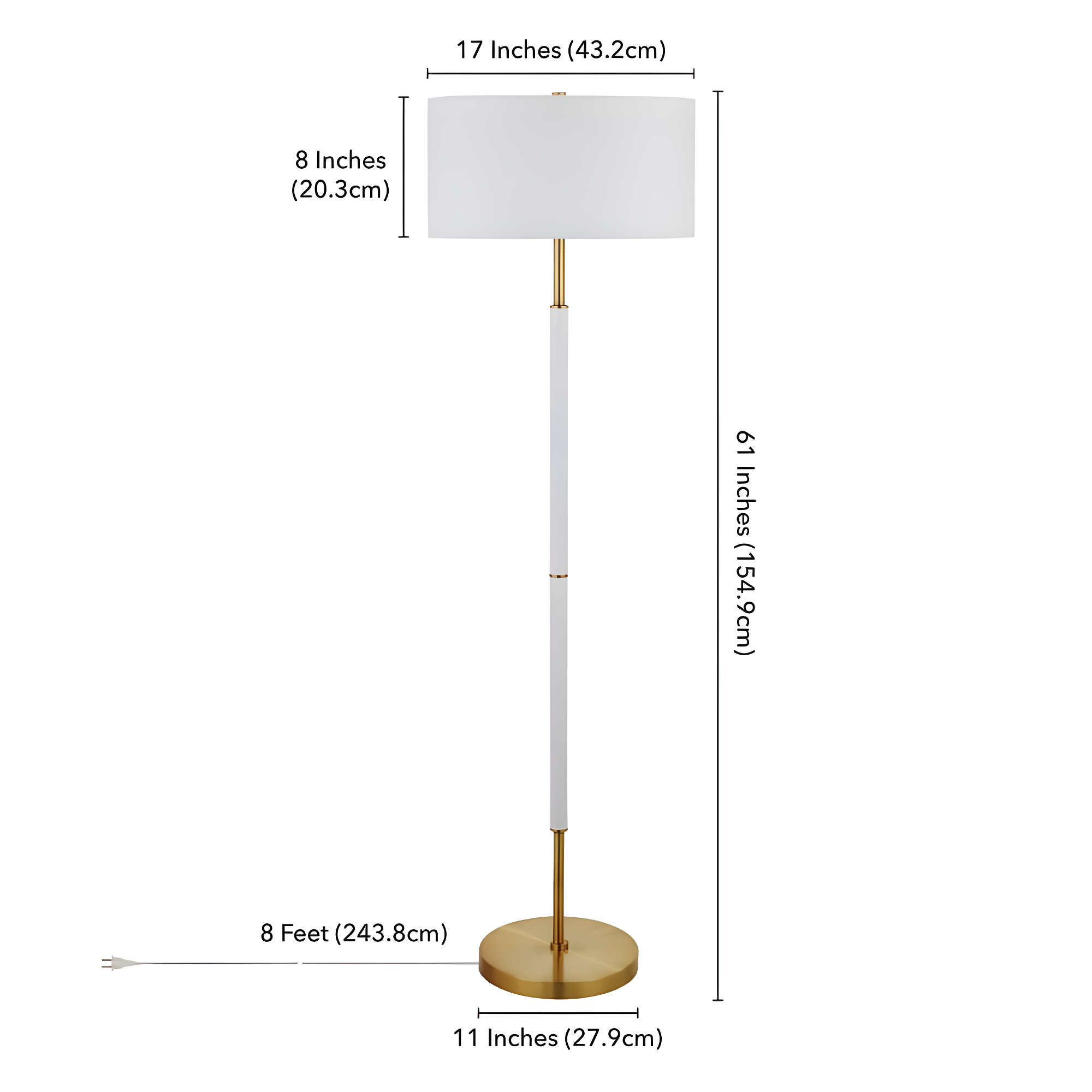 Henn&Hart 17" Matte White/Brass Finish Metal/Fabric Floor Lamp