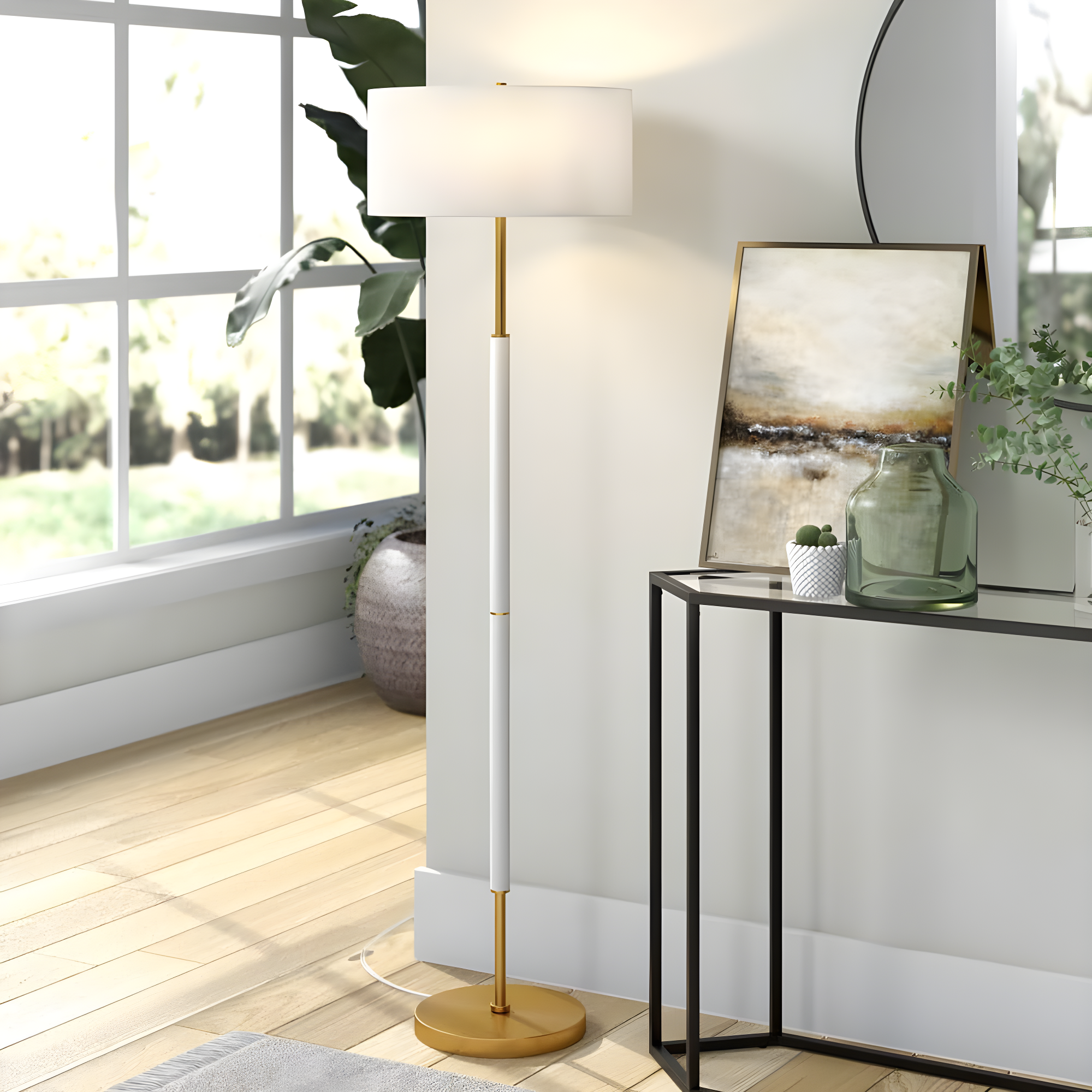 Henn&Hart 17" Matte White/Brass Finish Metal/Fabric Floor Lamp