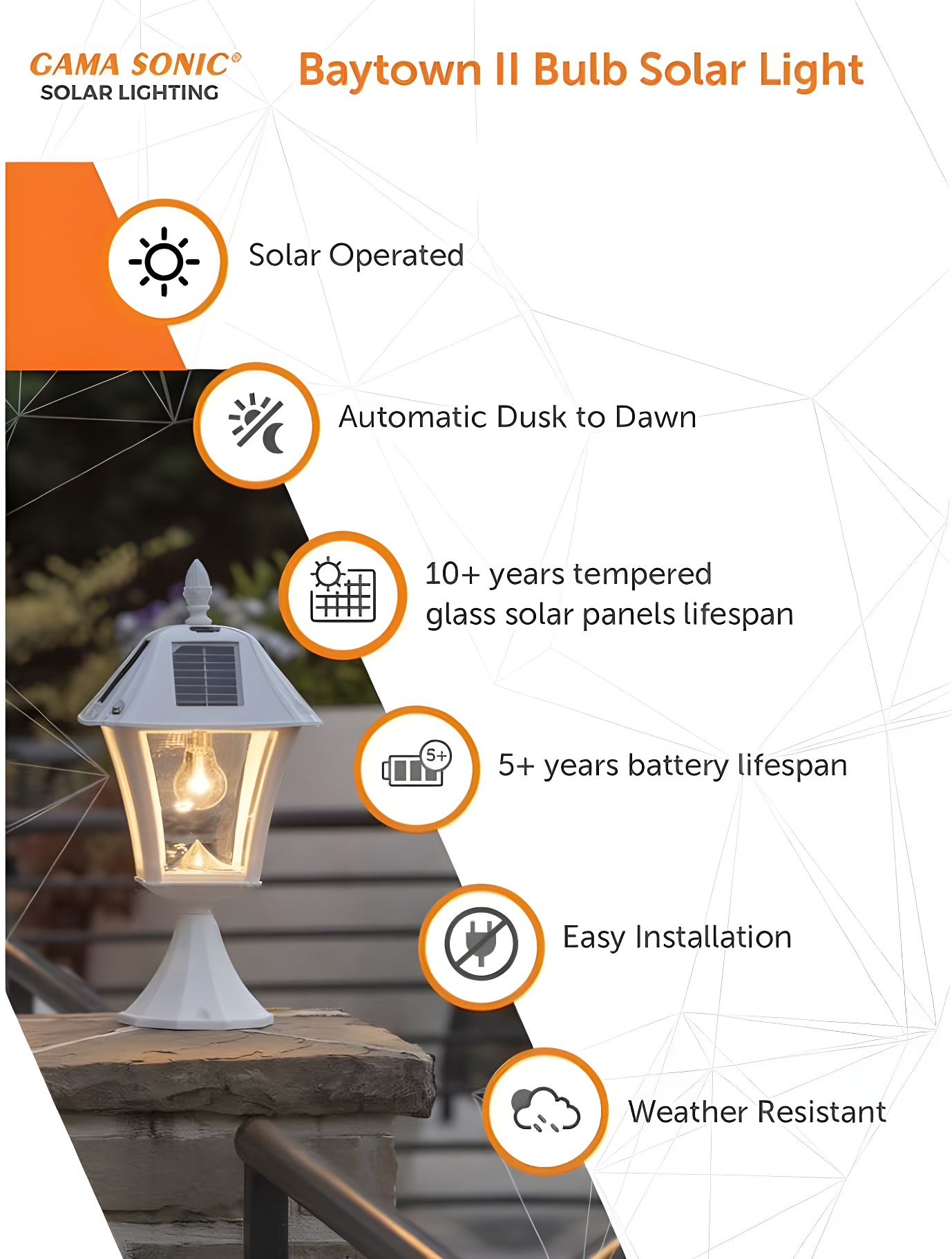 Baytown Ii Bulb Solar Light - Warm White LEDs- Wall/pier/ 3 Inch Fitter Mounts