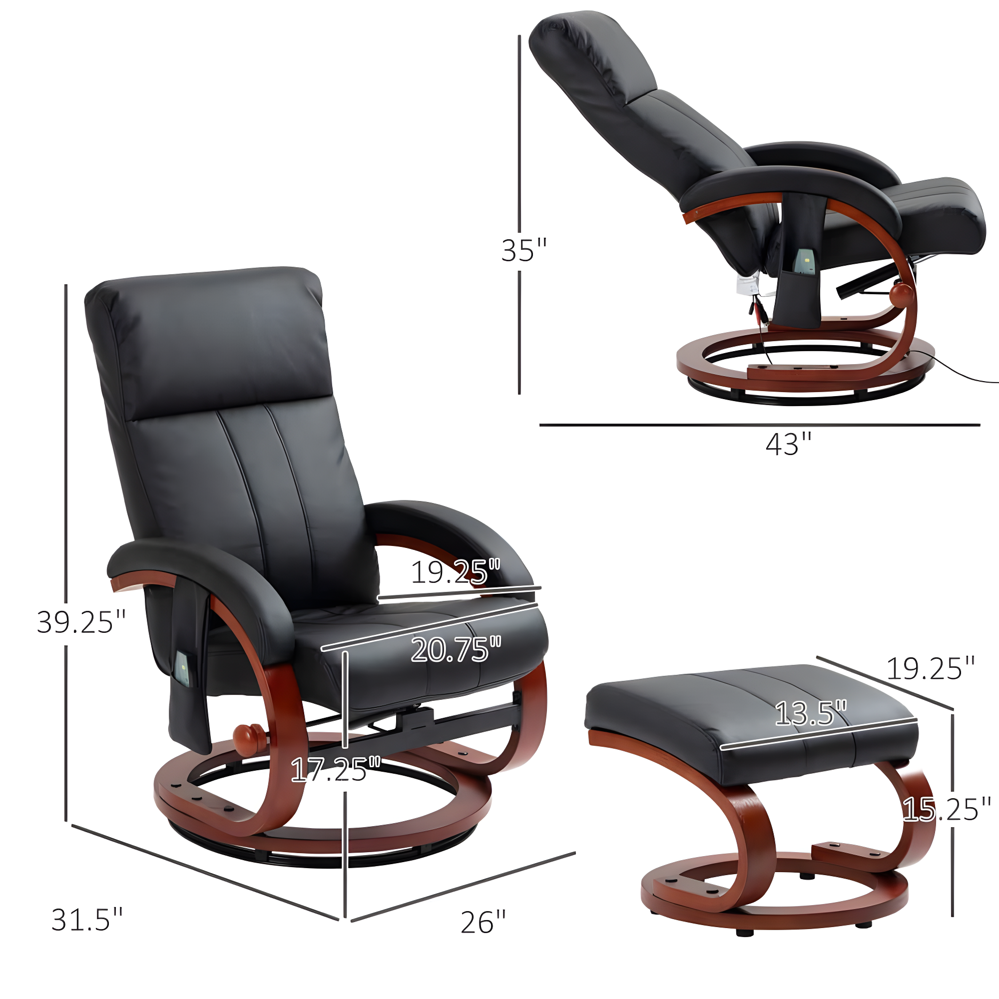 HOMCOM Recliner Chair with Ottoman, Electric Faux Leather Swivel Reclining Chair with 10 Vibration Points, 5 Massage Mode, Remote Control, Black