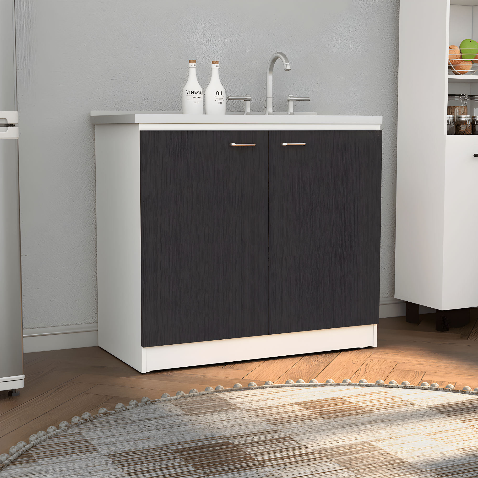 Napoles Utility Sink Cabinet With Integrated Steel Sink, Dark Walnut Frame