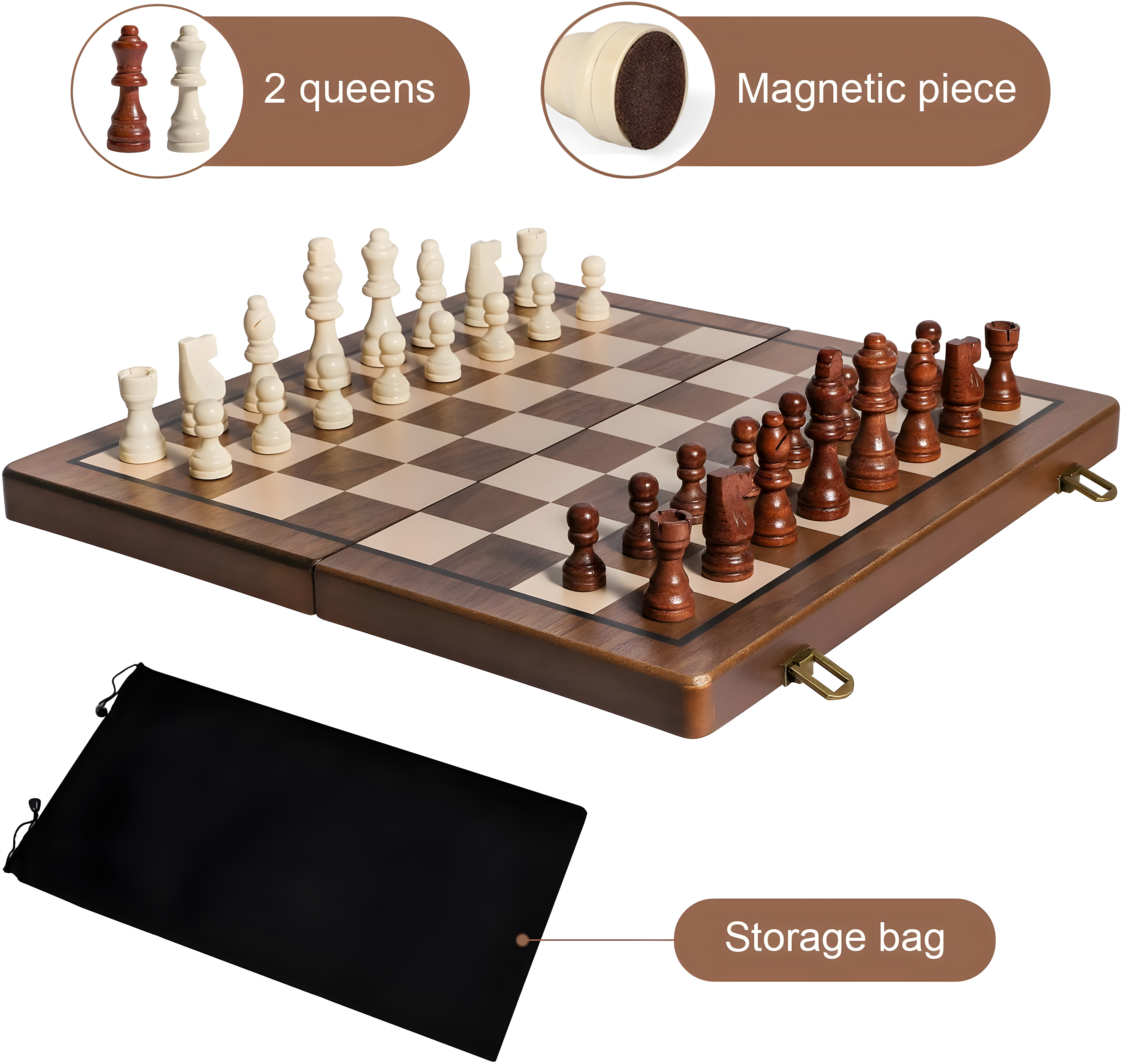 KiddiTouch 15 inch Magnetic Wooden Chess Set 2 in 1 Folding Chess Board Travel Chess Games for Adults and Kids