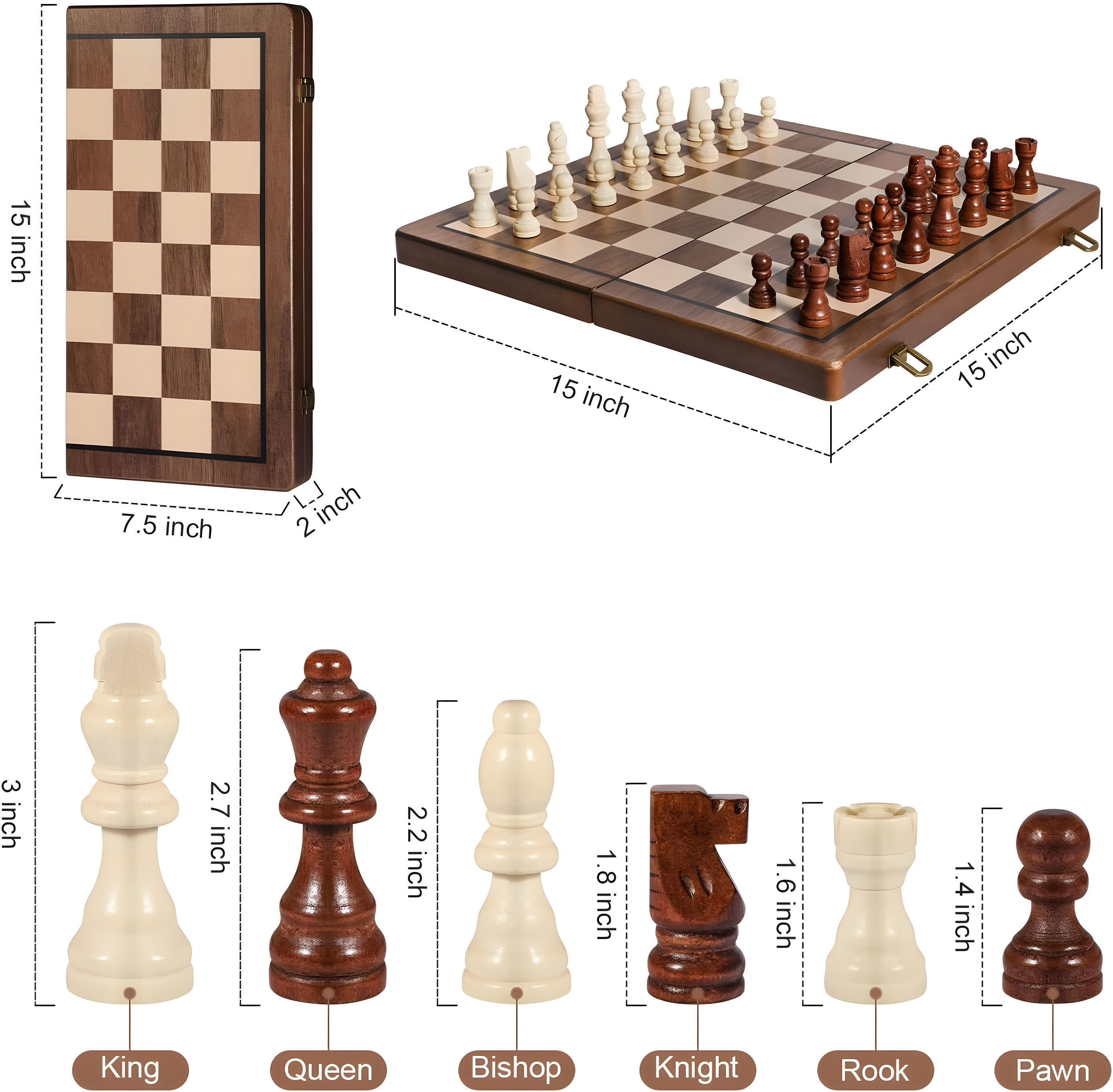 KiddiTouch 15 inch Magnetic Wooden Chess Set 2 in 1 Folding Chess Board Travel Chess Games for Adults and Kids