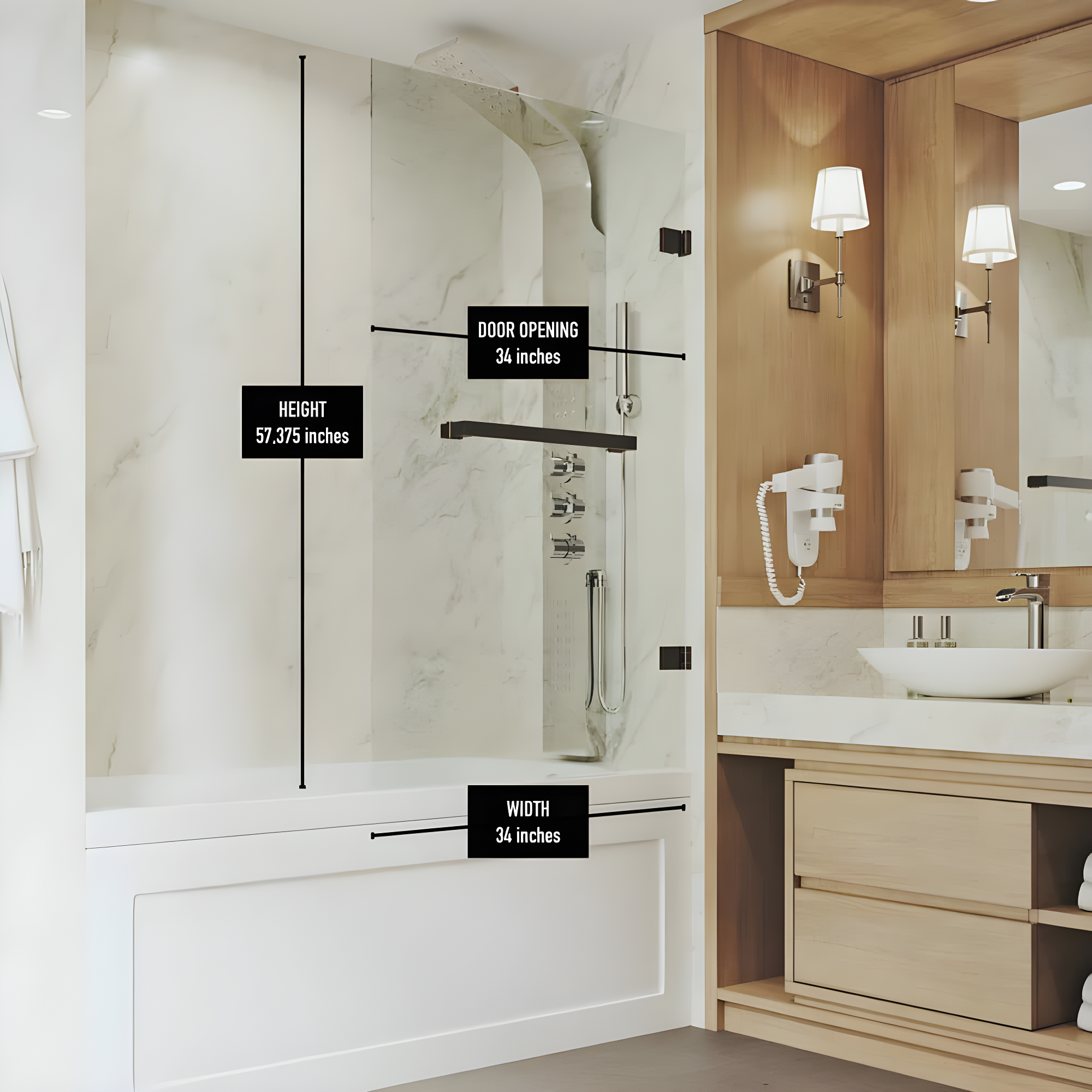 Rialto 34" W x 58" H Hinged Frameless Tub Door with with 5/16" Glass