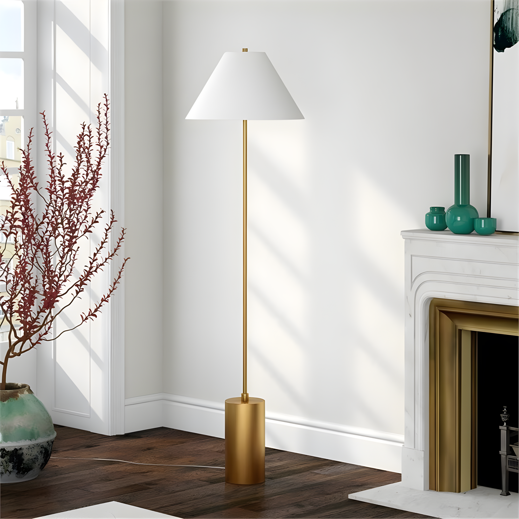 Evelyn&Zoe Somerset 64" Tall Floor Lamp with Empire Fabric Shade, Brass/White